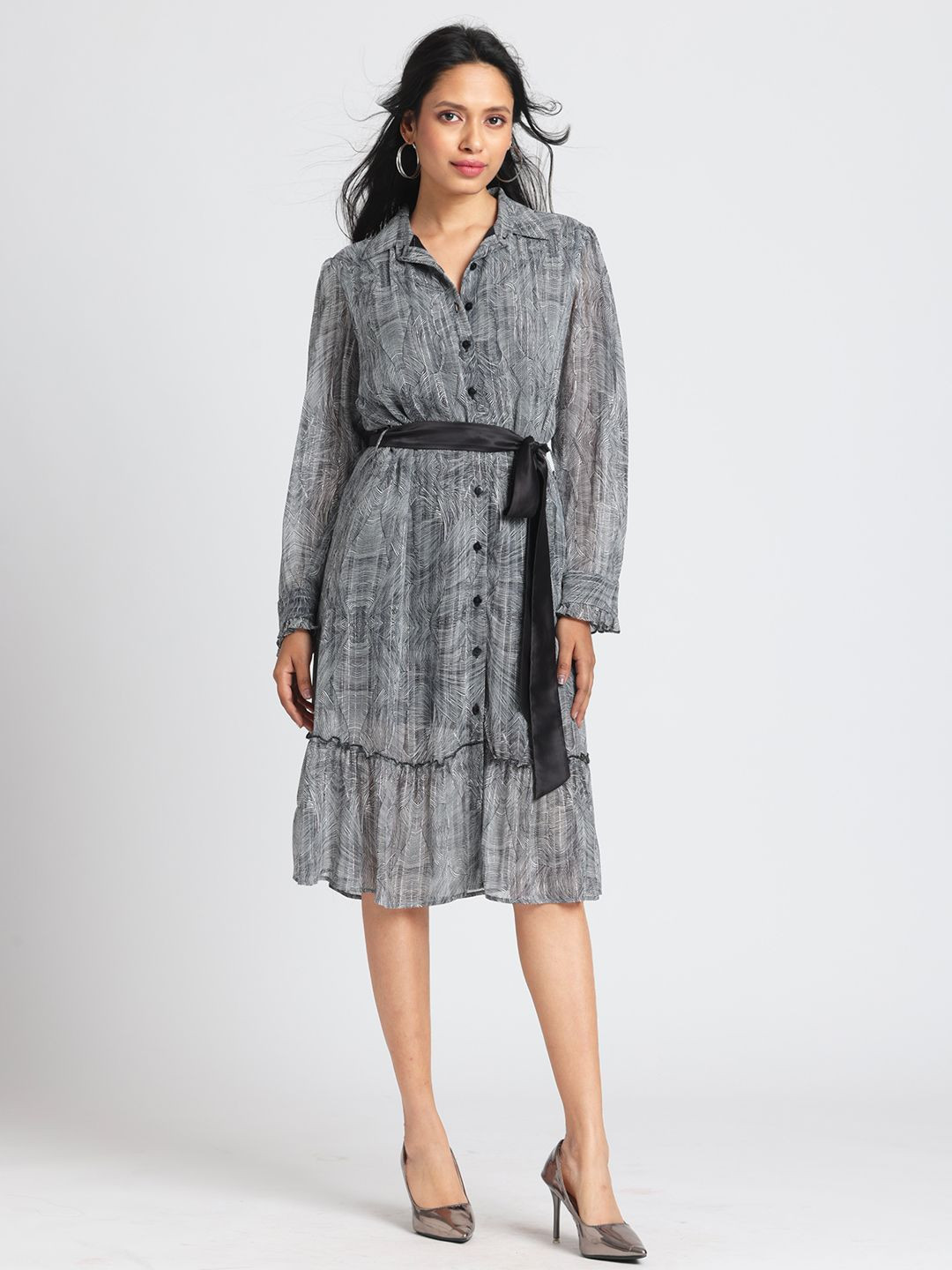 Shaye Black Printed Shirt Collar Full Sleeves Casual Dress For Women