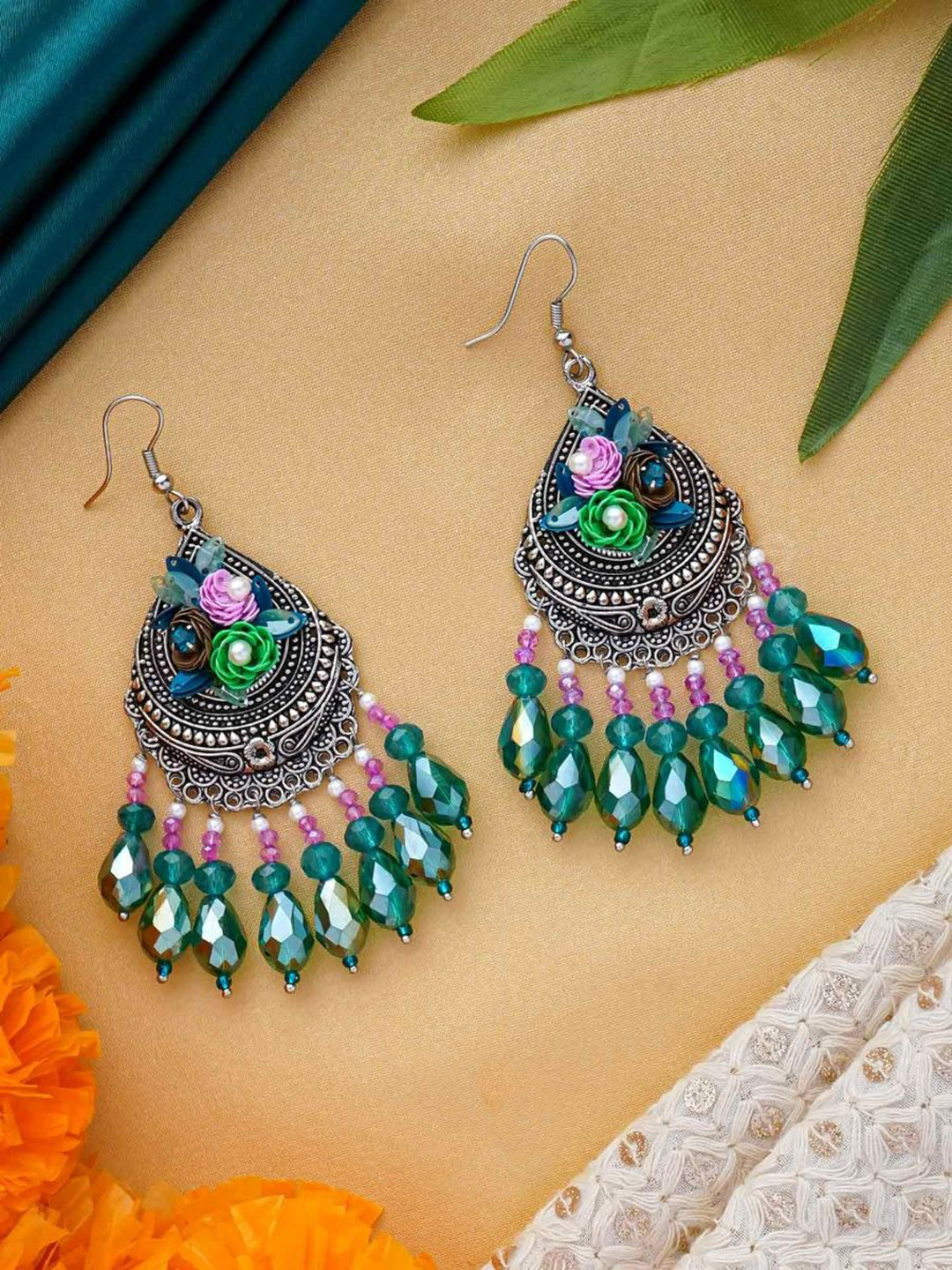 EVERSTYLISH Sanjoya Sequins, Beads & Glass Drops Embroidered Oxidised Earrings