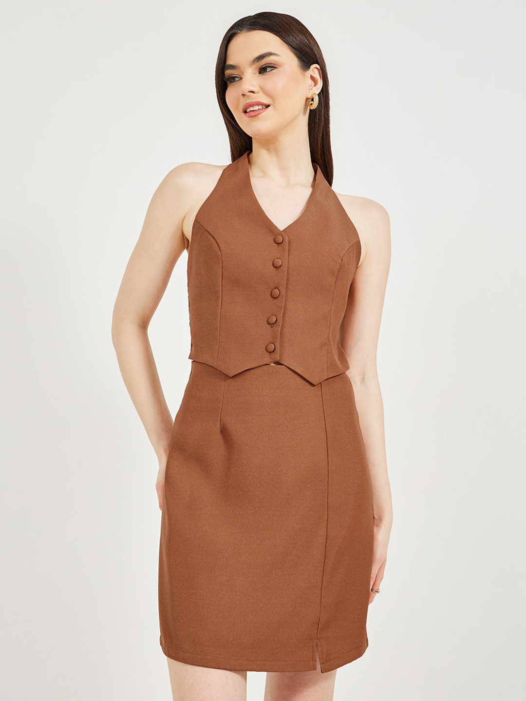 Styli Solid V-Neck Sleeveless Sheath Mini Waist Coat Dress