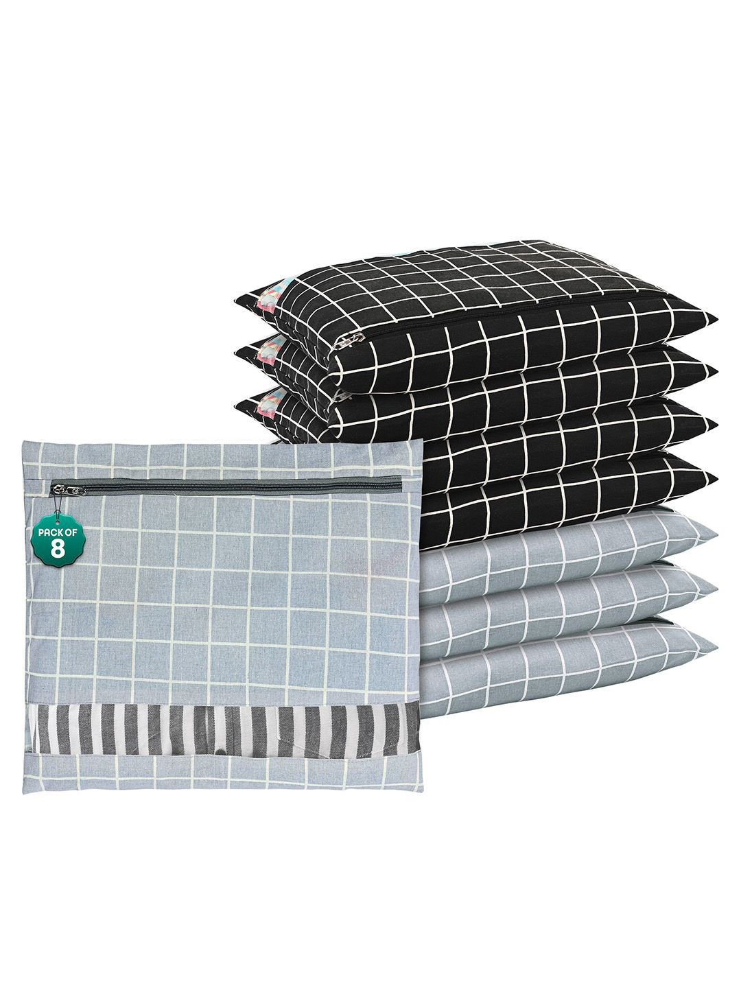 Kuber Industries Grey & Black 8 Pieces Checked Mesh Cotton Clothes Organisers