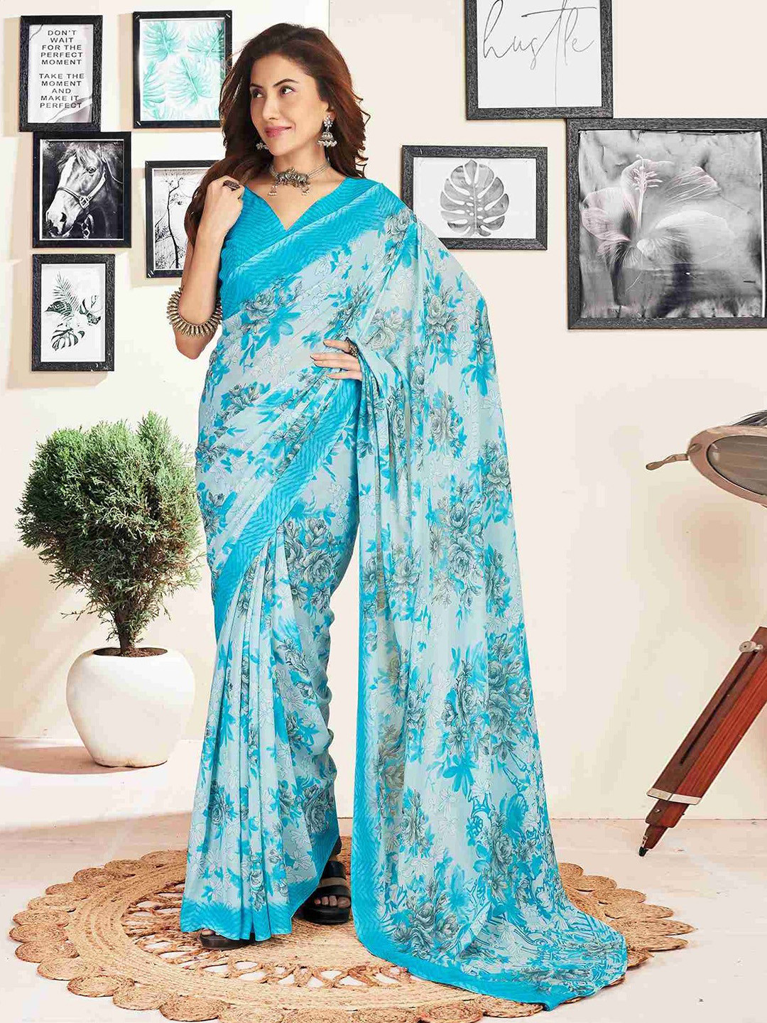 HERE&NOW Floral Poly Georgette Khadi Saree