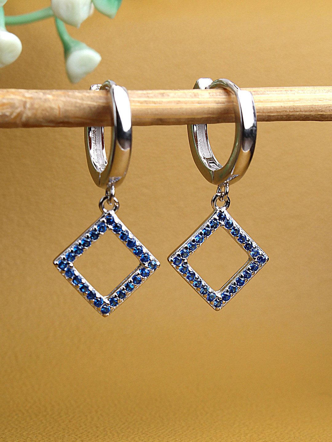 DEVASHREE 925 Silver Rhodium-Plated Sapphire CZ Studded Square Shaped Hoop Earrings