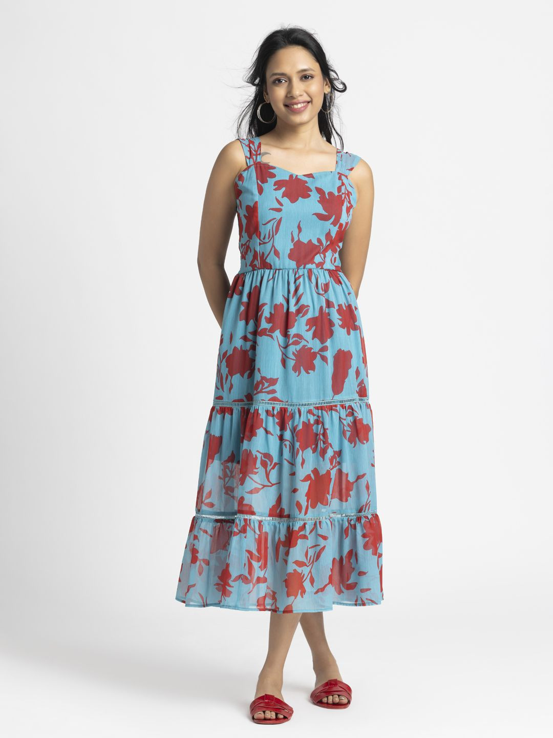 SHAYE Blue Printed Sweetheart Neck Sleeveless Casual Dress For Fit and Flare Women