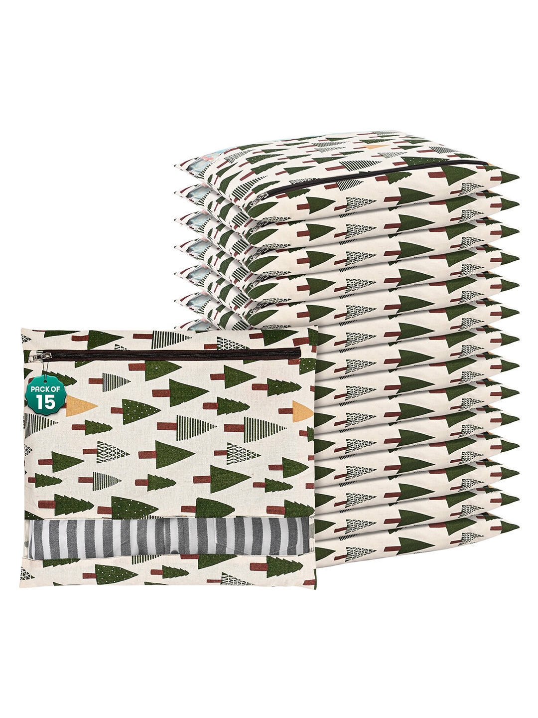 Kuber Industries White & Green 15 Pieces Tree Printed Mesh Cotton Storage Organizers