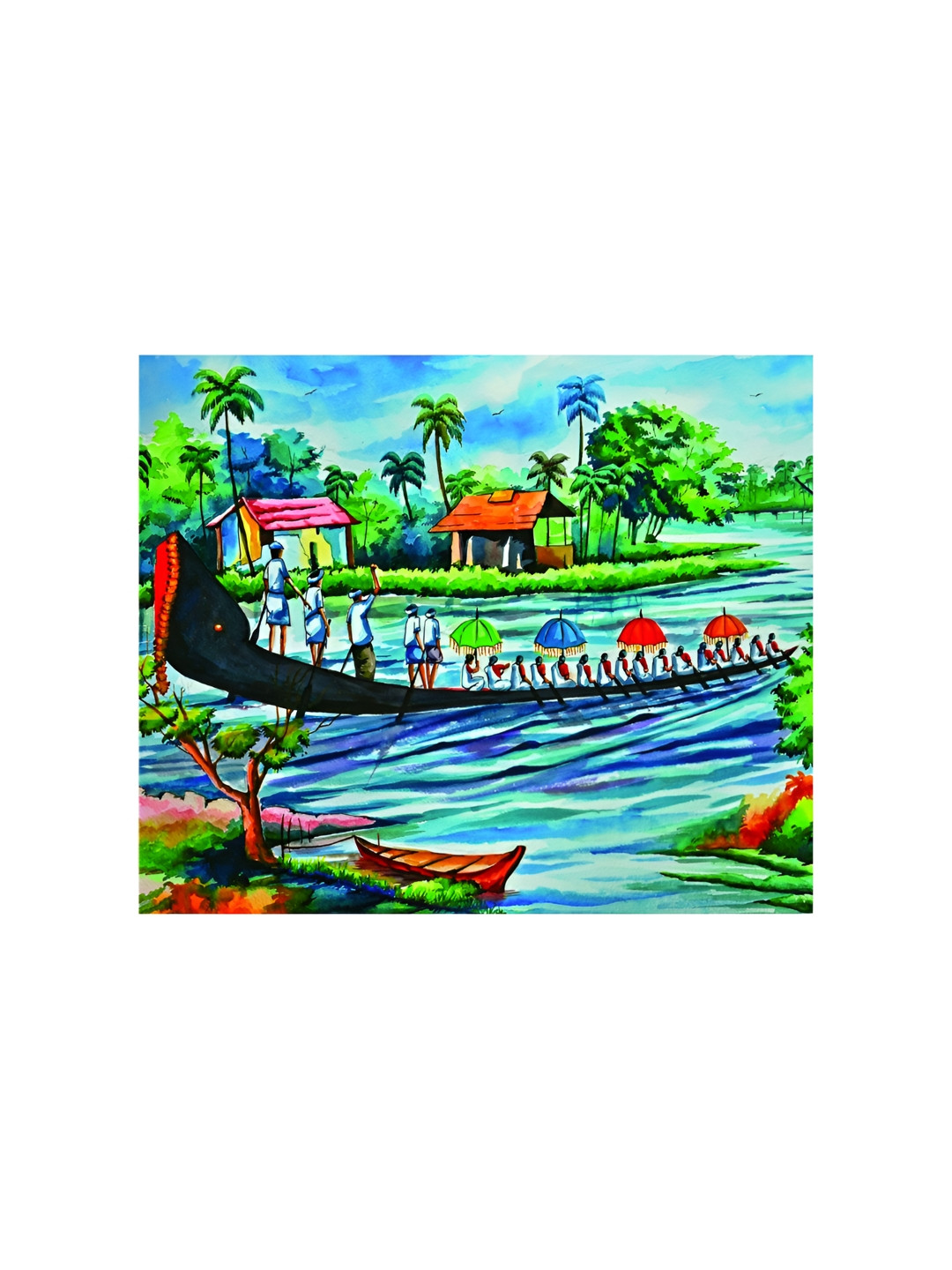 Inephos Blue And Green Village Boat Canvas Wall Art
