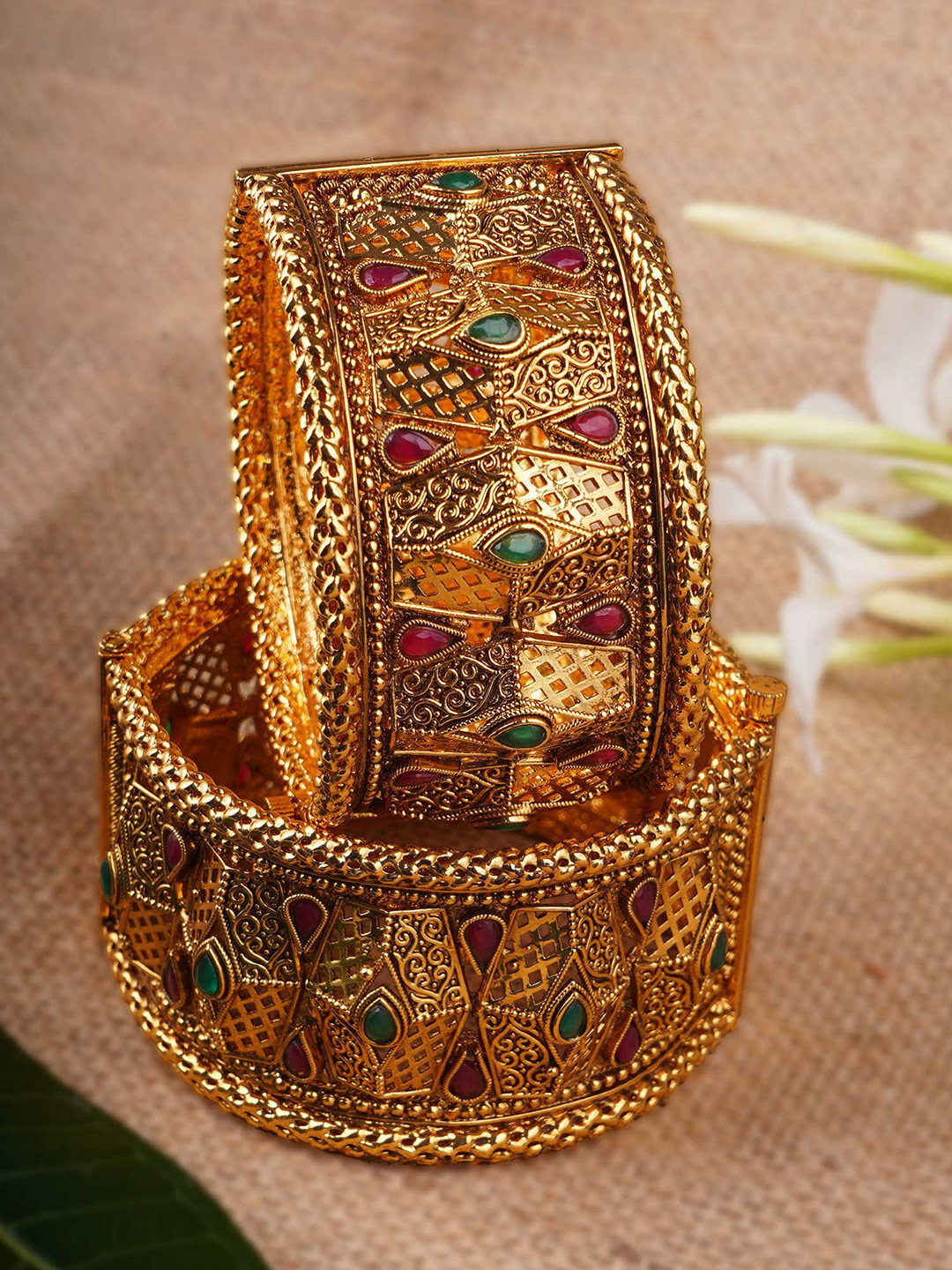 Anouk Set Of 2 Gold-Plated Stone-Studded Antique Openable Geometric Bangles