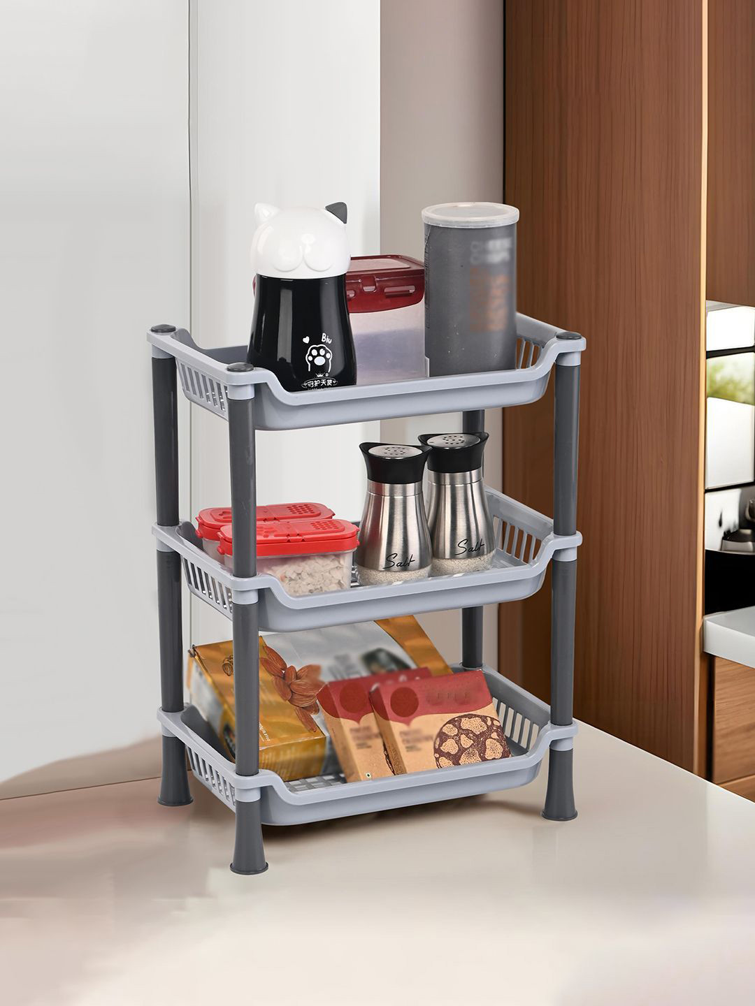 Kuber Industries Grey Multipurpose 3-Tier Collapsible Racks