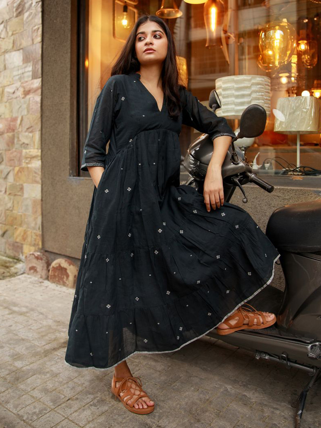 ANAIYAH Cotton Black Jamdani Tie Back Dress