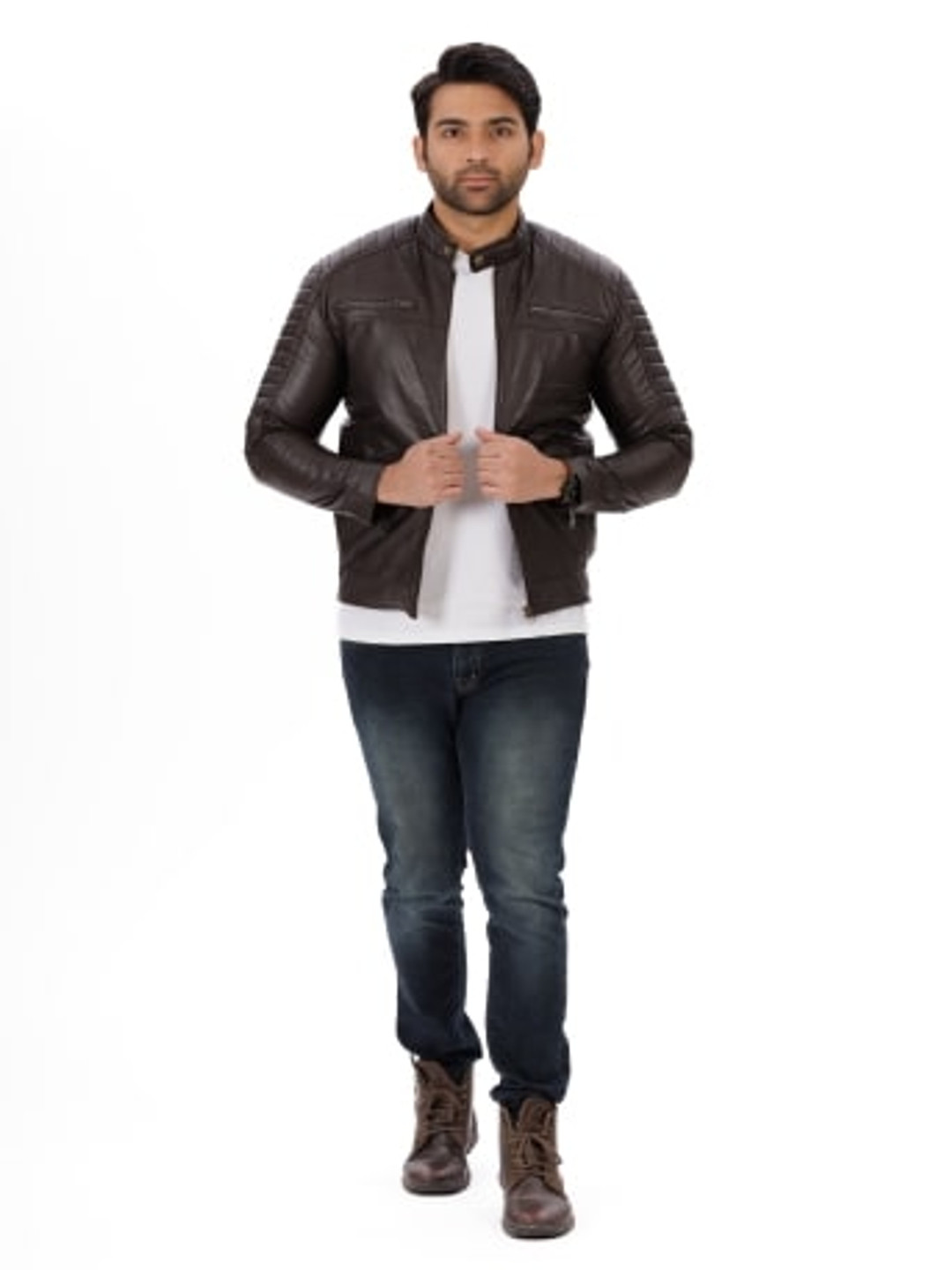 Everestwolf Men Mandarin Collar Solid Leather Casual Leather Jacket