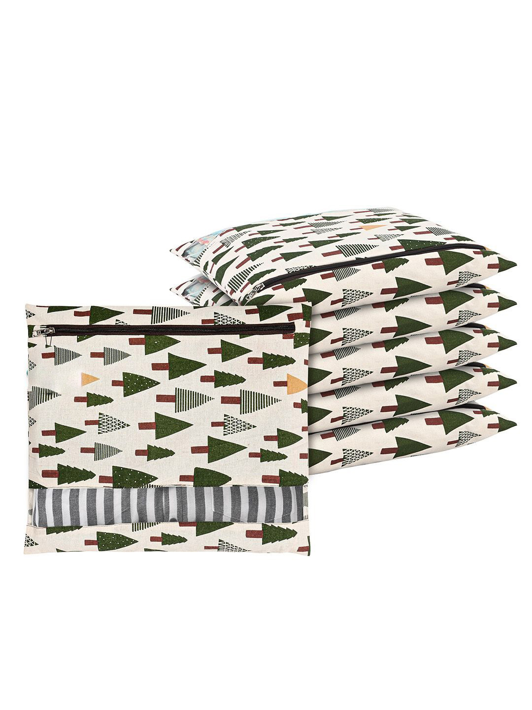 Kuber Industries White & Green 6 Pieces Tree Printed Mesh Cotton Clothes Storage Organizer