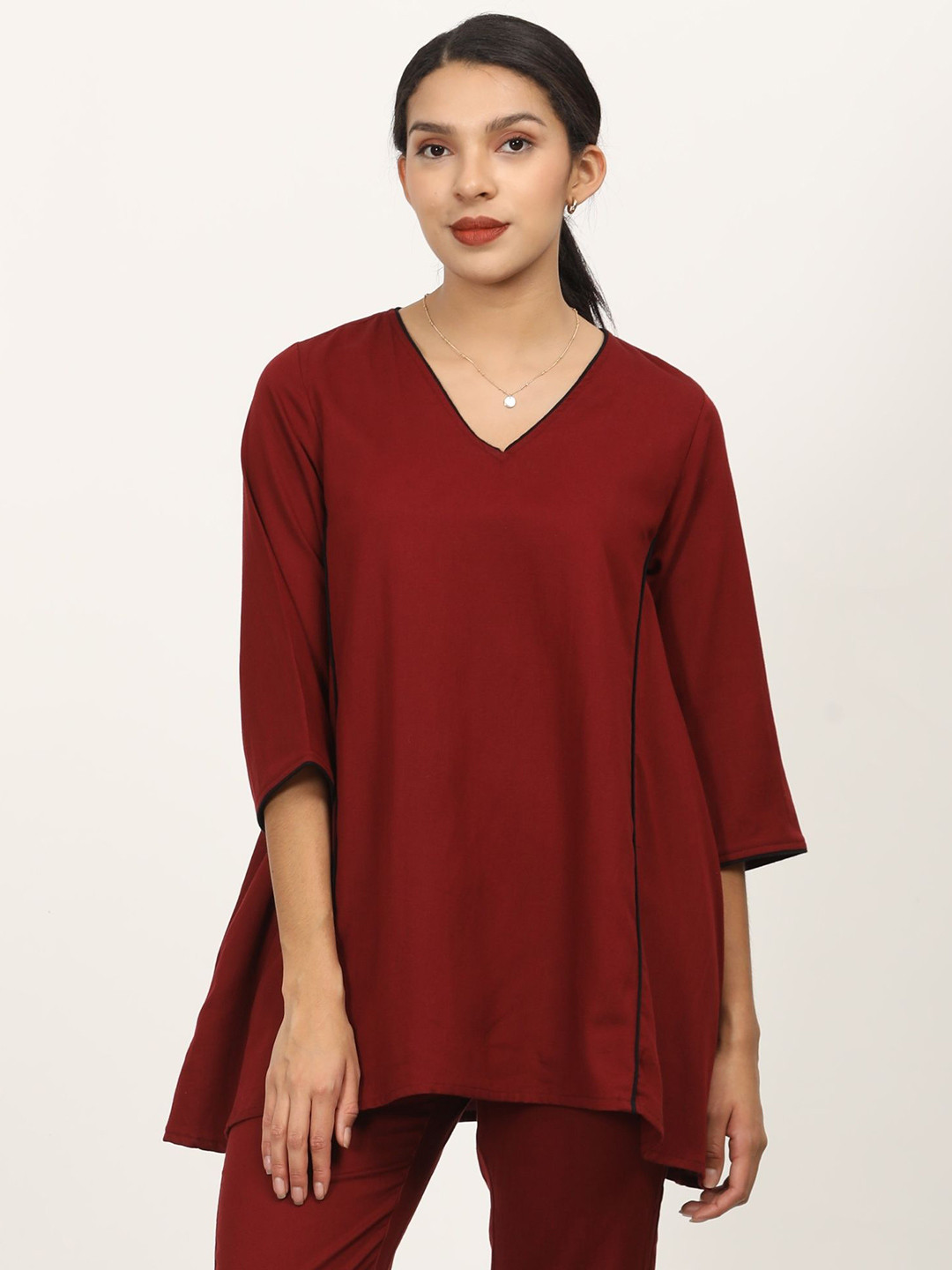 Saltpetre Women Tencel Maroon Three Fourth Sleeve A-line Tunic