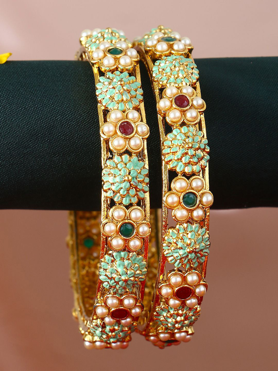 Anouk Set Of 2 Gold-Plated Stone-Studded & Beaded Flower Bangles