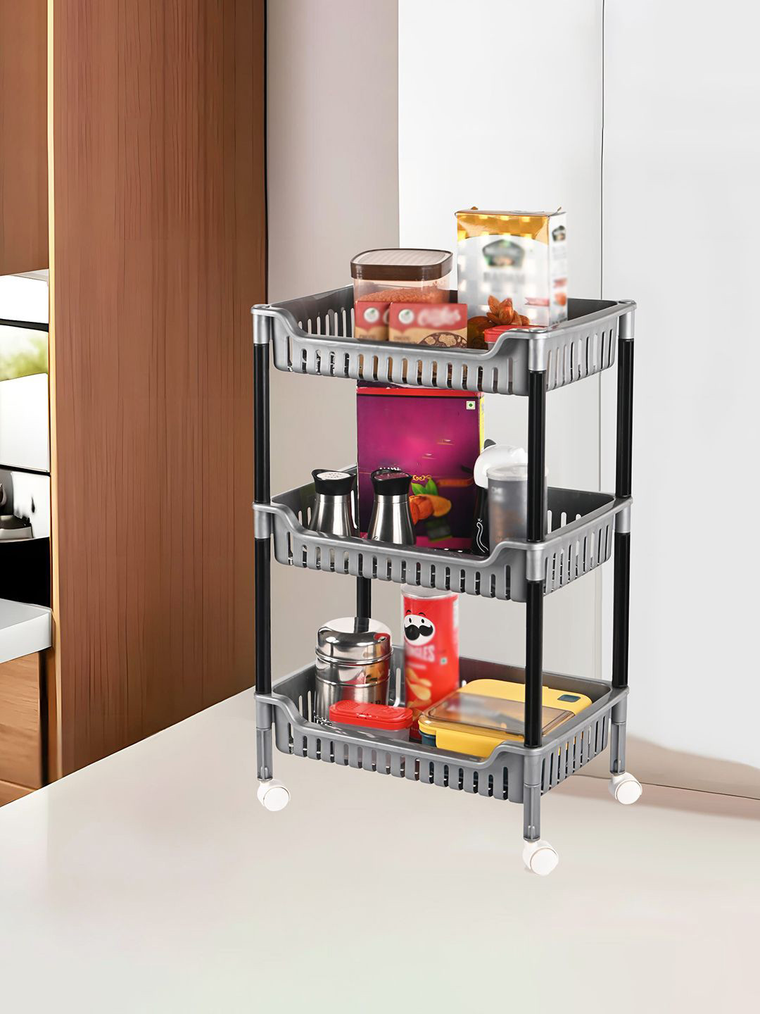 Kuber Industries Grey & Black Durable with 3-Tier trolley for Spices Kitchen Storage Rack