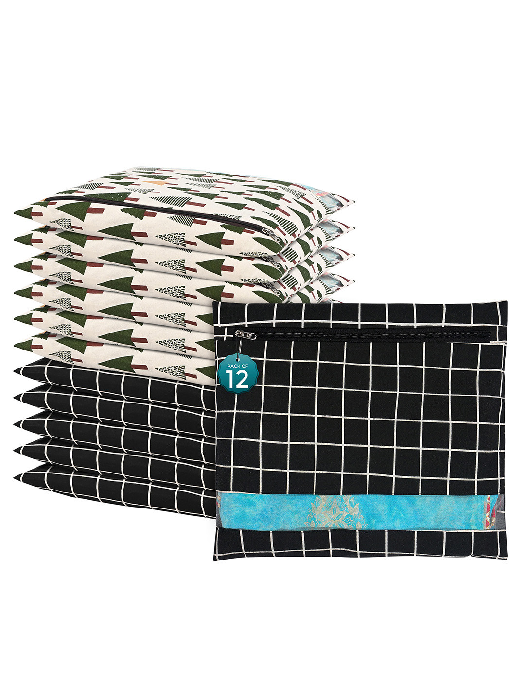 Kuber Industries Black & White 12 Pieces Checked Mesh Cotton Clothes Storage Organizers