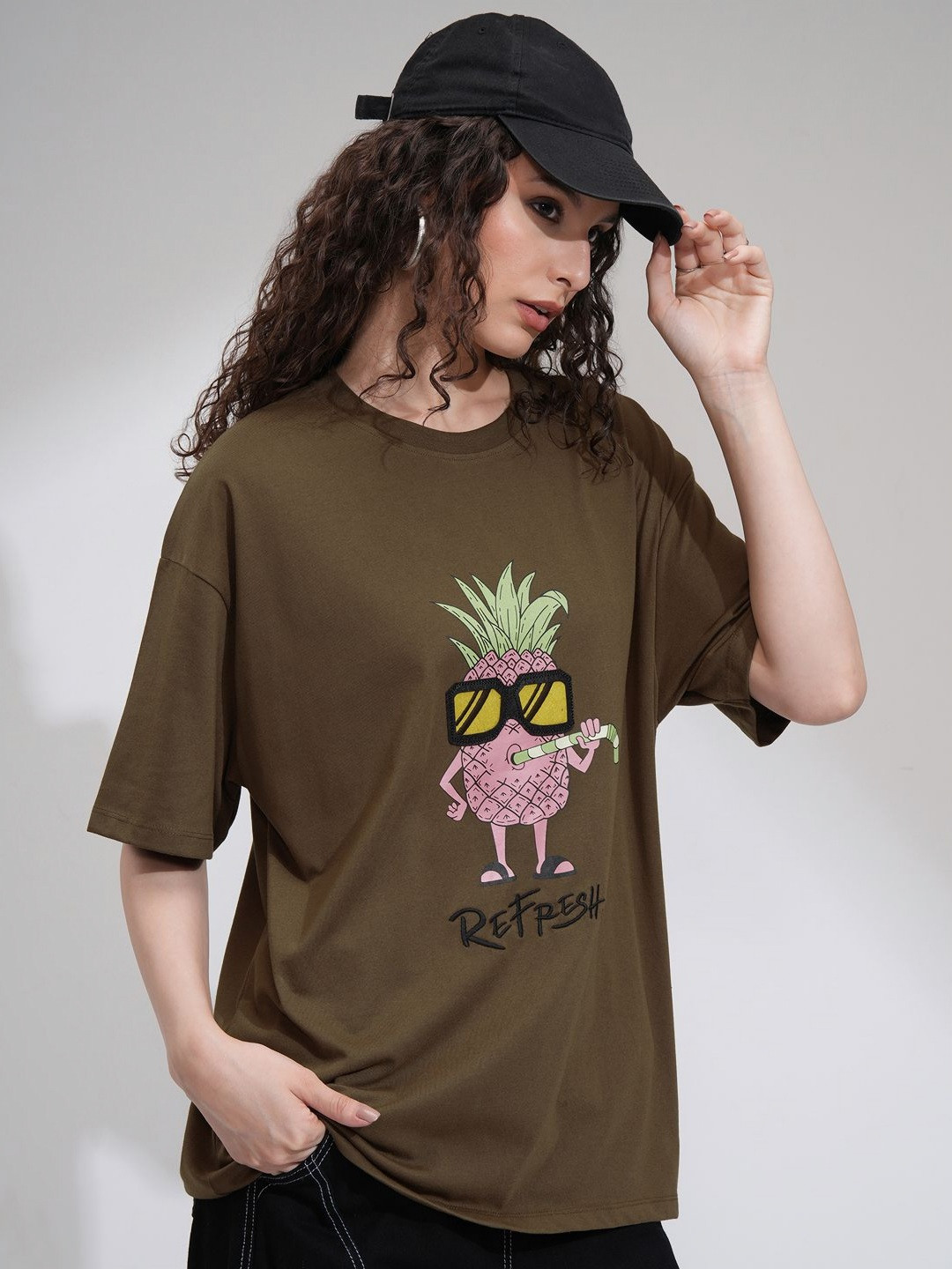 Street By Tokyo Talkies Women Solid Oversized Fit Chest and Back Print T-Shirt