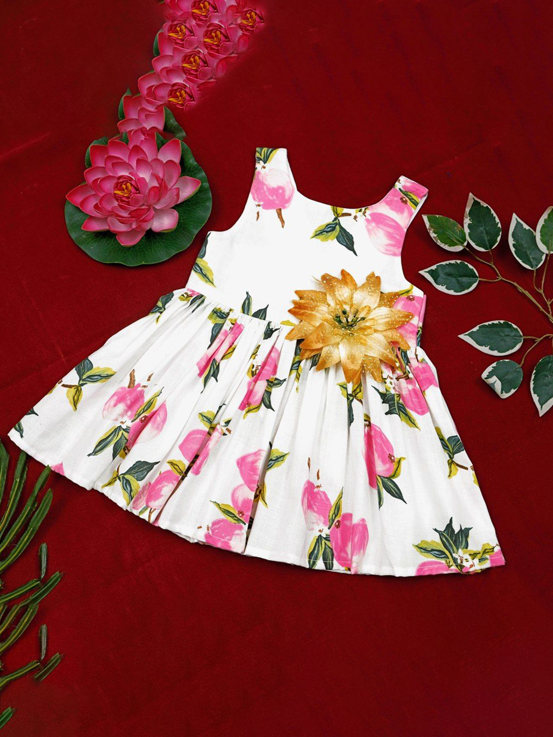 Anneca Baby Girls Floral Printed Gathered Round Neck Fit & Flare Dress