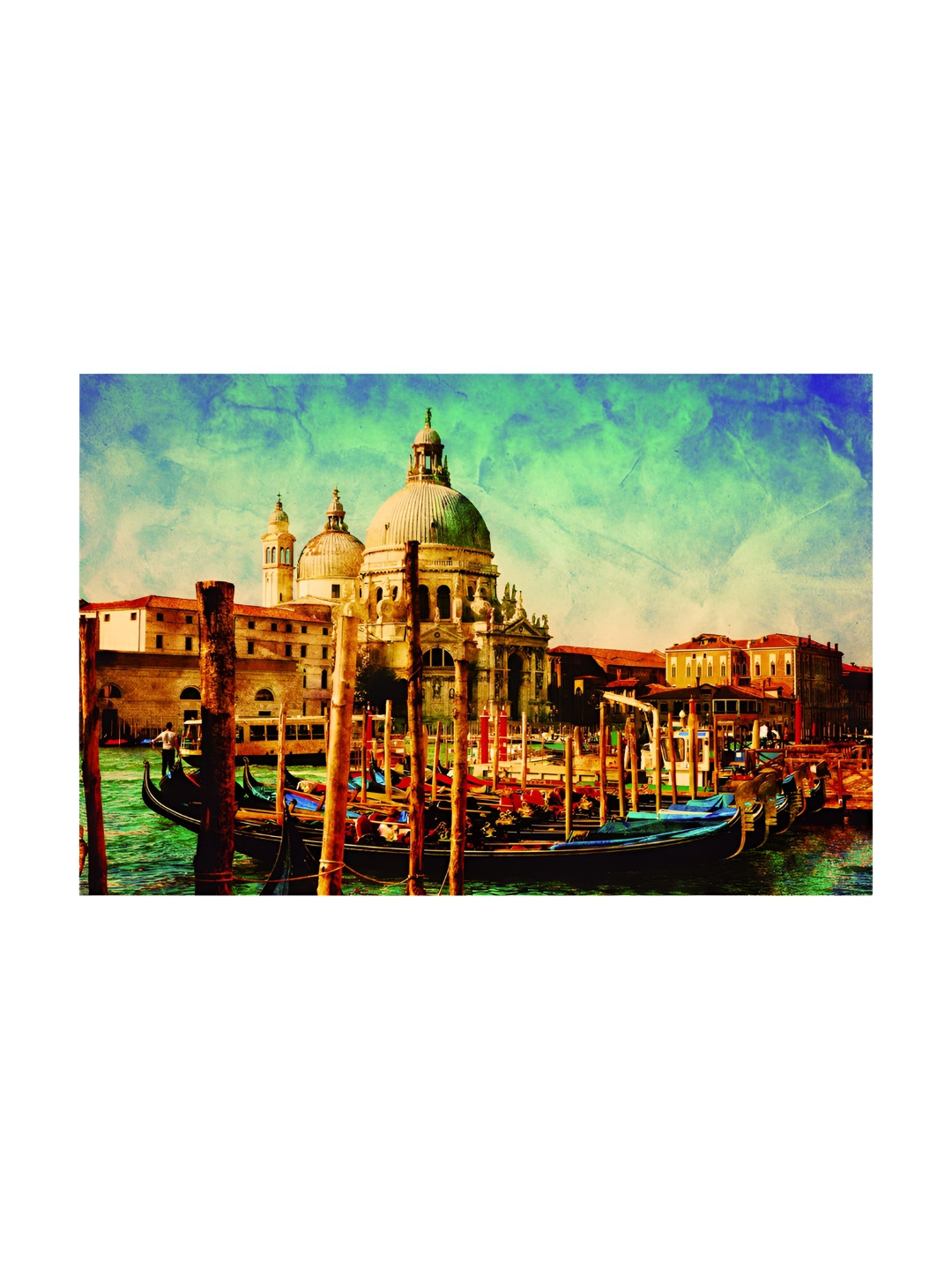 Inephos Beige & Blue Ships Canvas Unframed Wall Painting