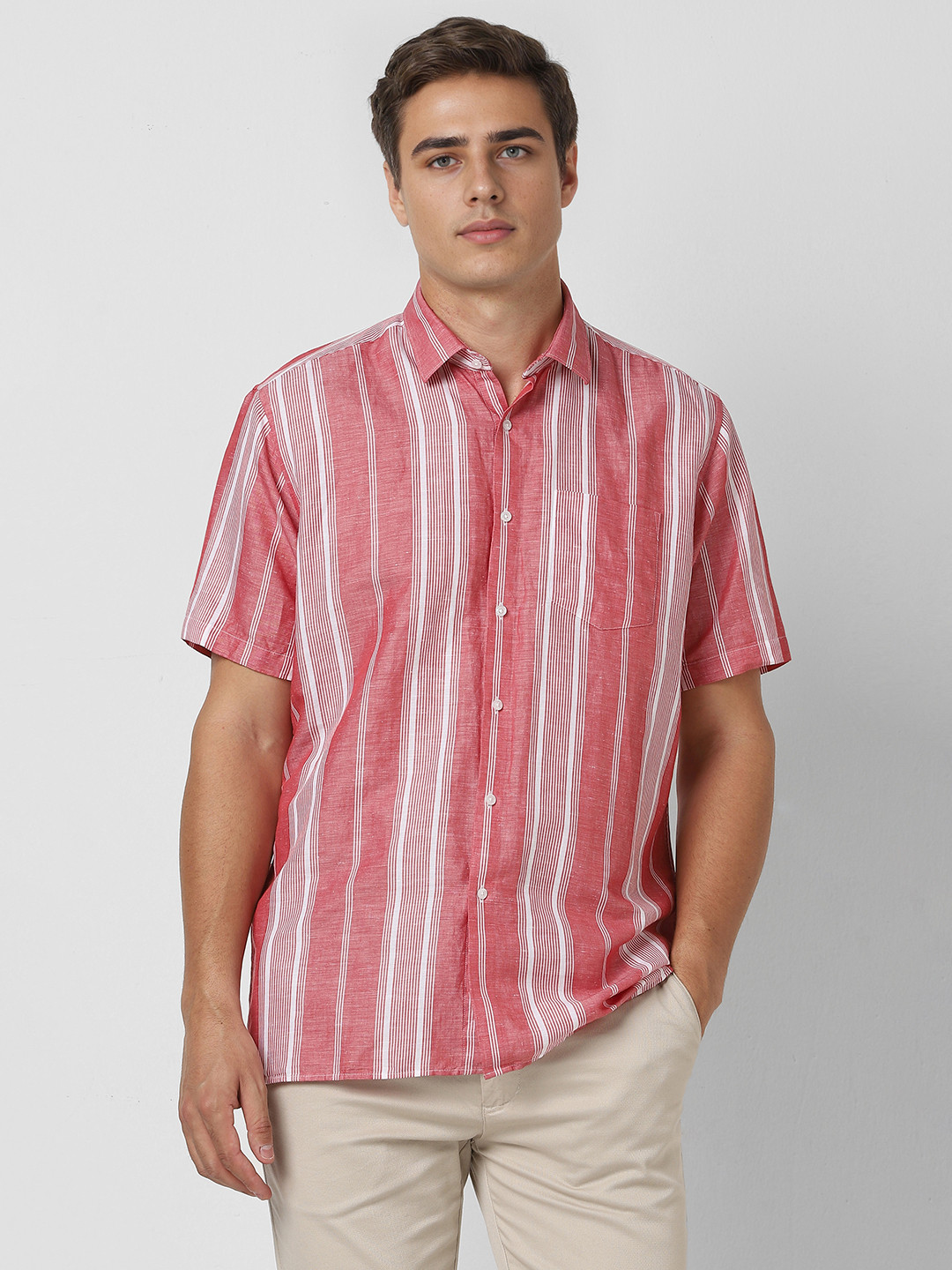 Van Heusen Men Spread Collar Vertical Striped Linen Casual Shirt