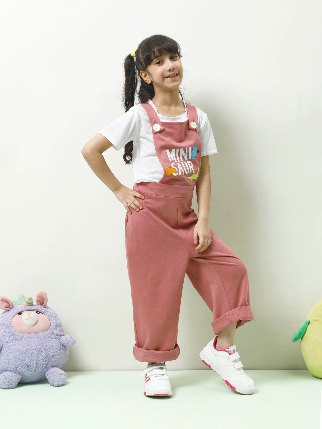 Athena Girls Printed Pure Cotton Straight Leg Dungaree  With Short Sleeve T-Shirt