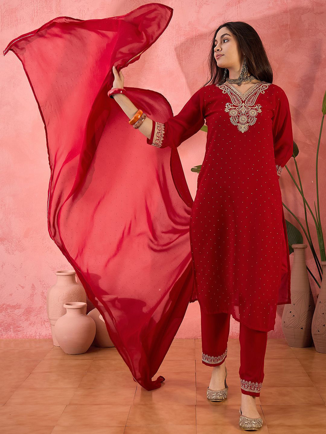 Sangria Red Paisley Embroidered Beads And Stones Georgette Kurta With Trousers & Dupatta