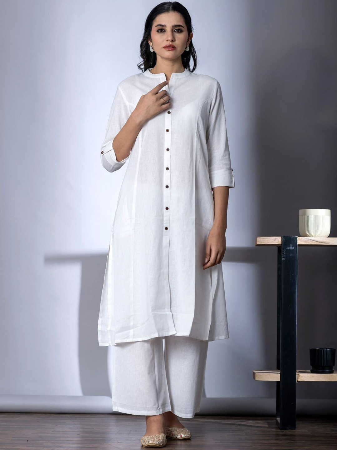 Readiprint Mandarin Collar Rolled-Up Sleeves Panelled A-Line Kurta With Palazzos