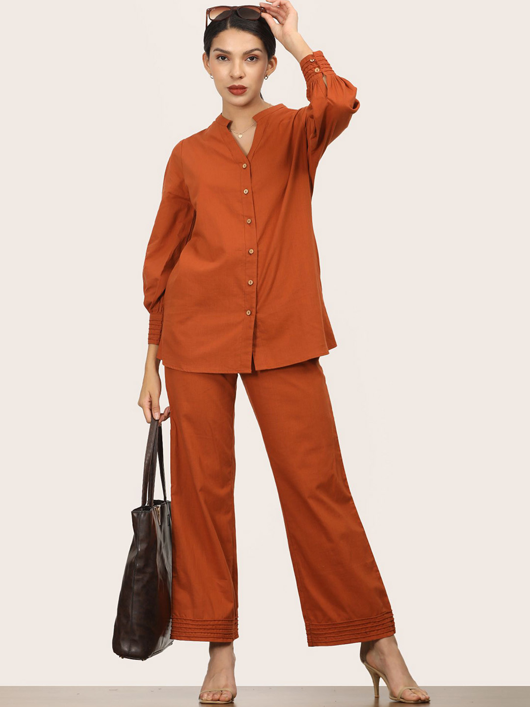 Saltpetre Women Orange Split V-neck Bishop Sleeve Tunic With Pants Co-ord Set