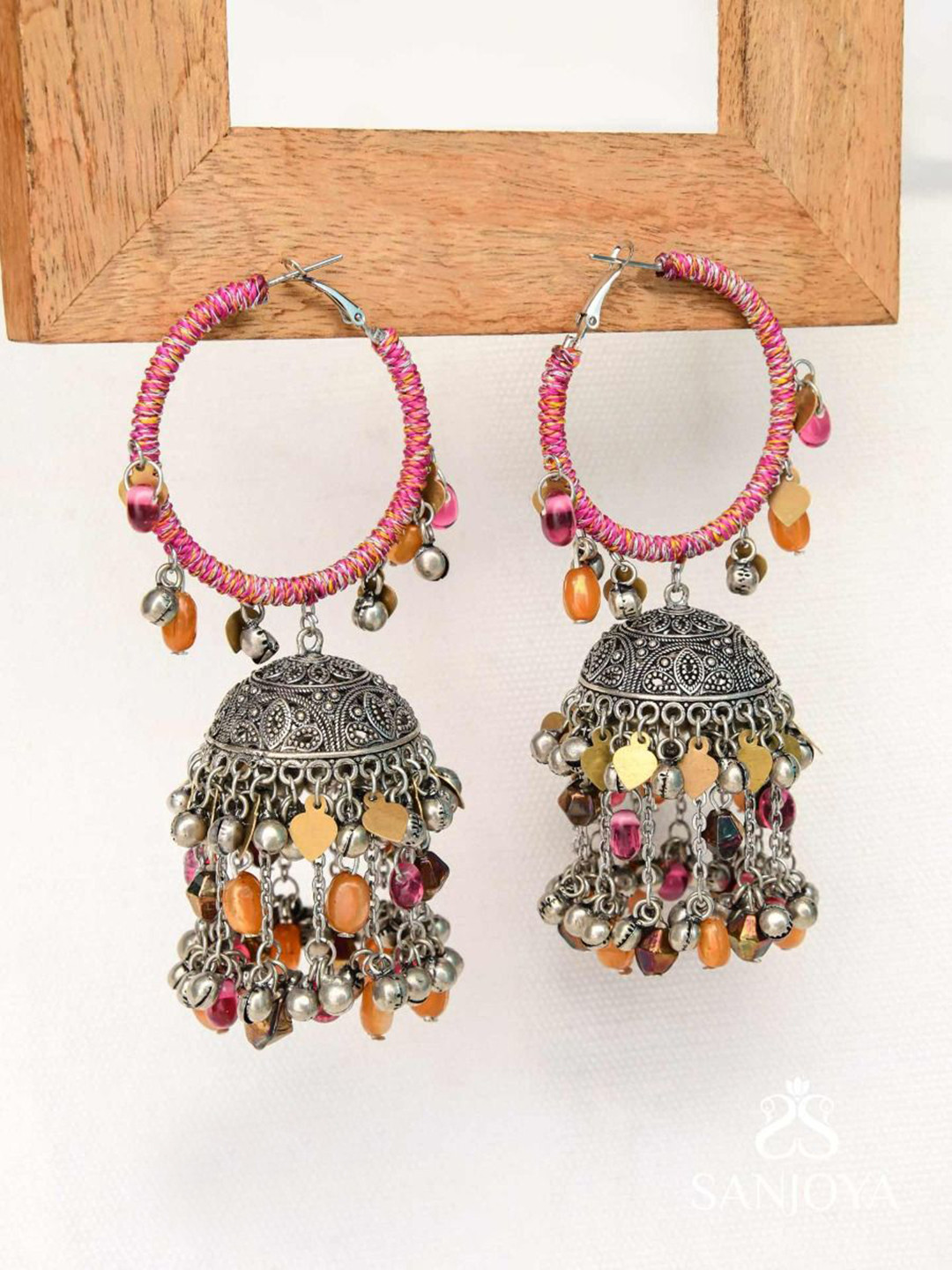 EVERSTYLISH Sanjoya Beads, Resham & Glass Drops Oxidised Jhumka Earrings