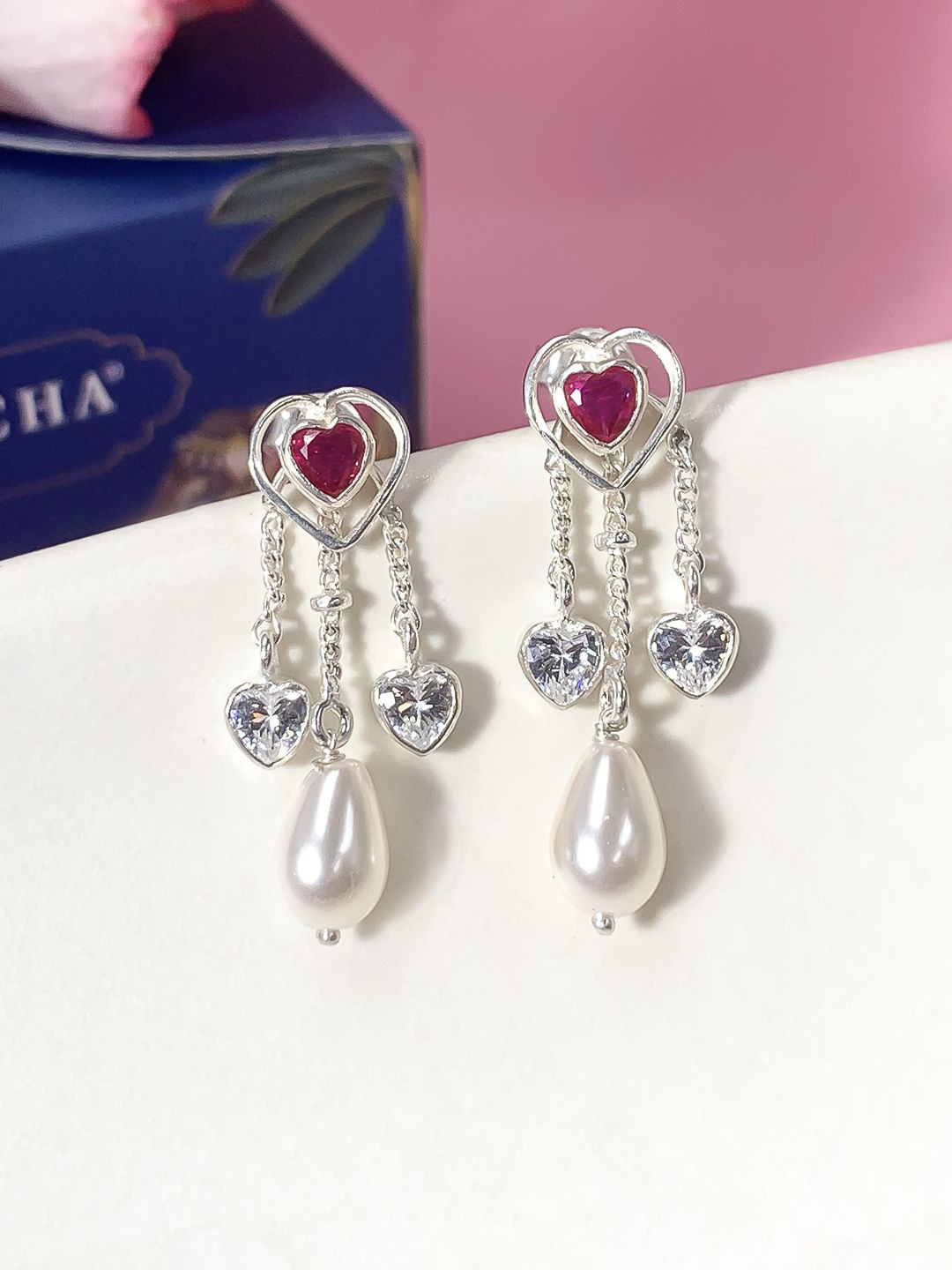 Unniyarcha 92.5 Silver Heart Shaped Stone Studded Valentine's Day Drop Earrings