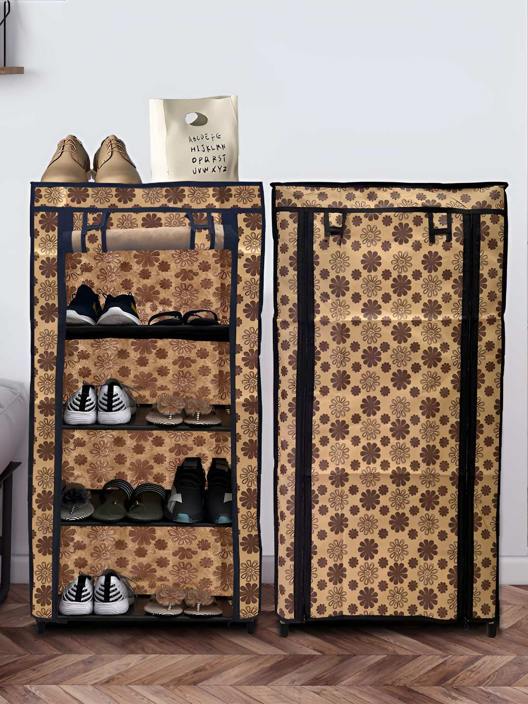 Urban Choice Beige Flower Printed 4-Layer Shoe Rack With 6L Cover