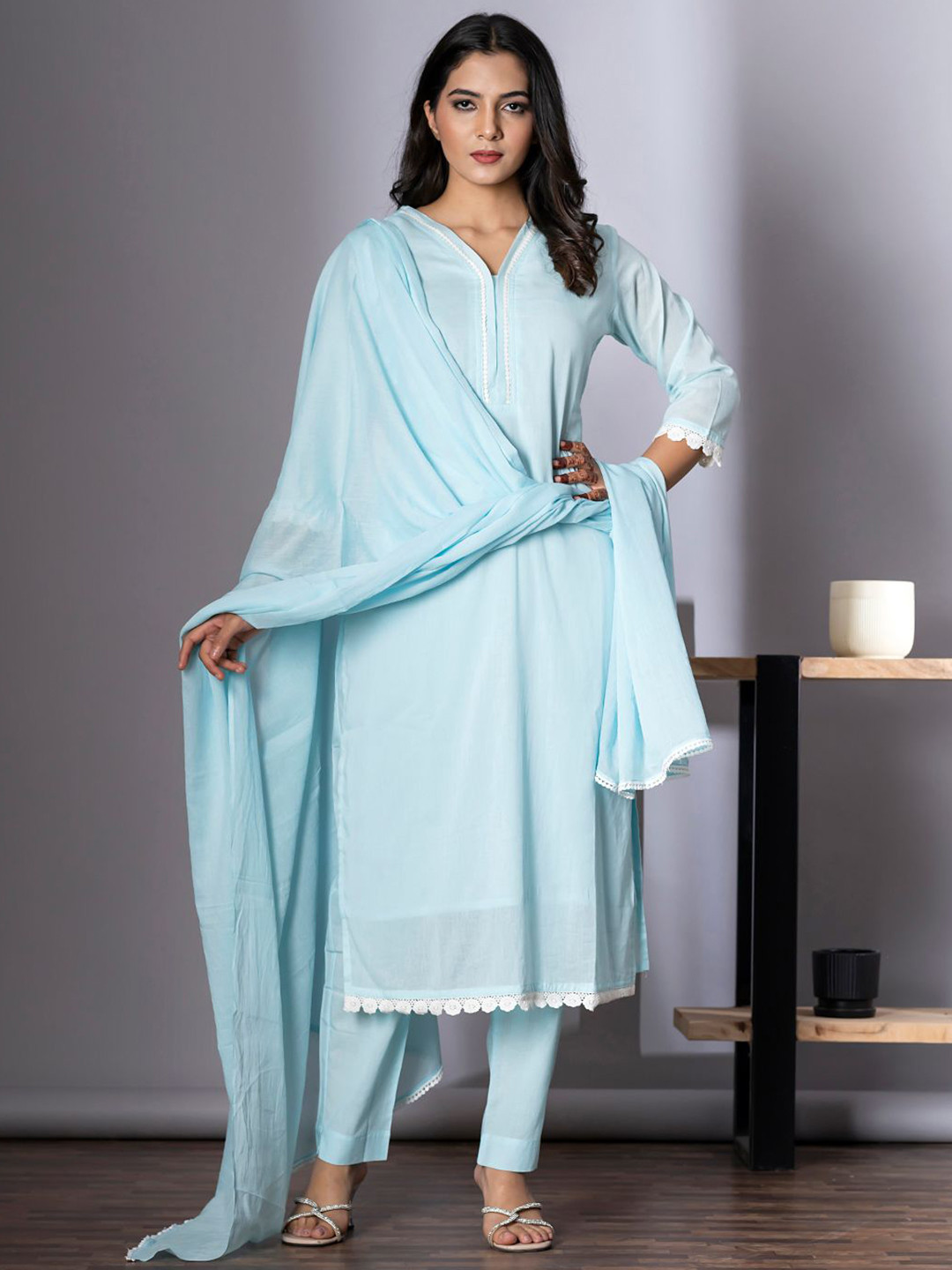 Readiprint V-Neck Straight Pure Cotton Kurta With Palazzos And  Dupatta