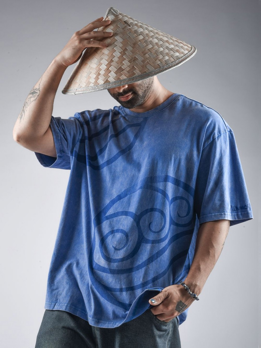 Xenpachi Avatar Anime Water Element Inspired Printed Stone Wash Oversized Tshirt