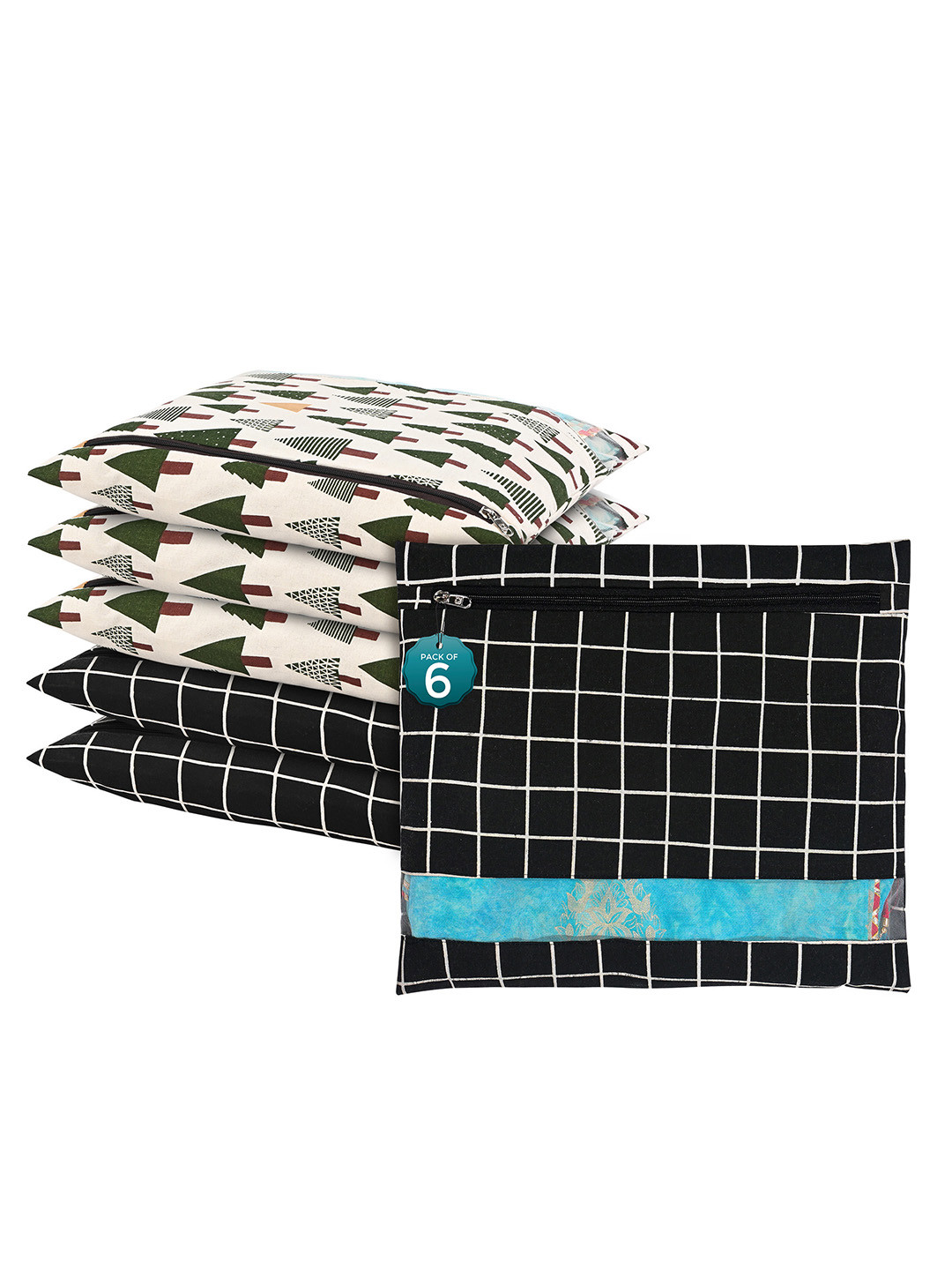 Kuber Industries Black 6 Pcs Regular Single Saree Cover Multi-Utility Storage Organisers
