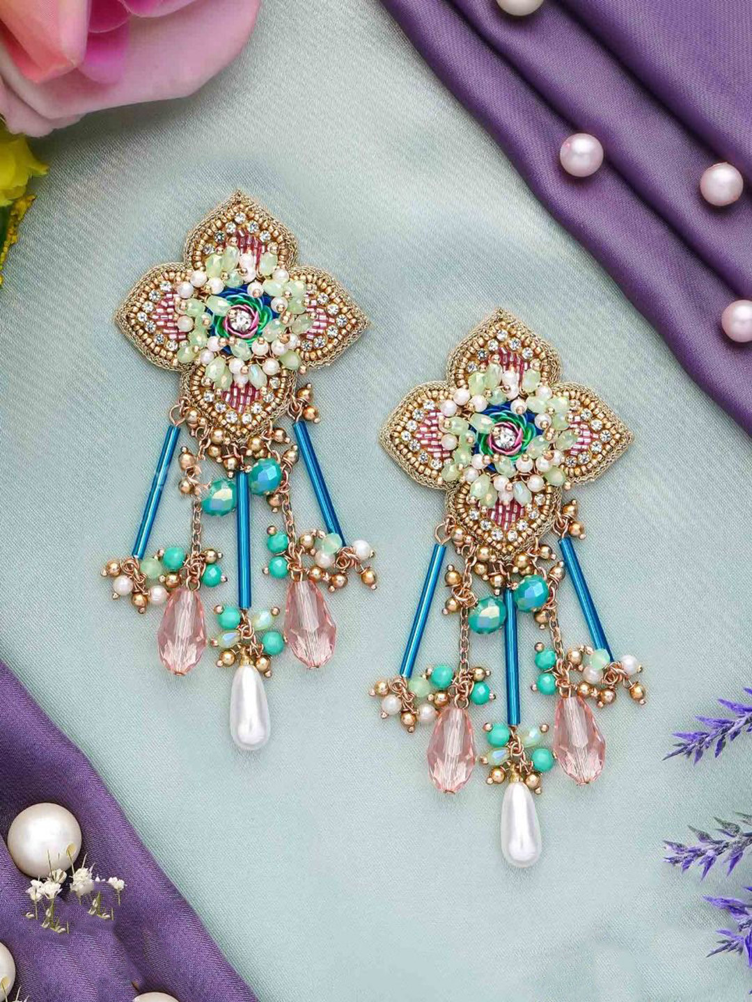 EVERSTYLISH SANJOYA RANGOLI Bright Embroidered Glass & Beads Haldi Drop Earrings