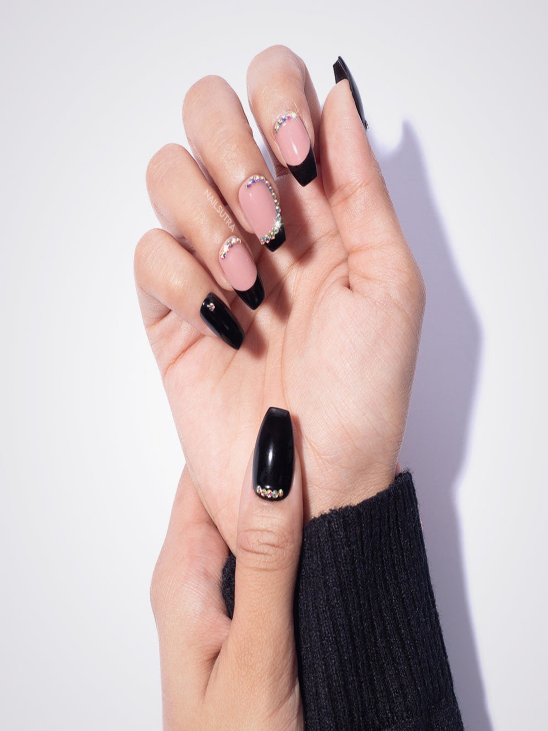 AMOK STORE Set Of 12 Artificial Reusable Nails - Glossy Black And Nude Base