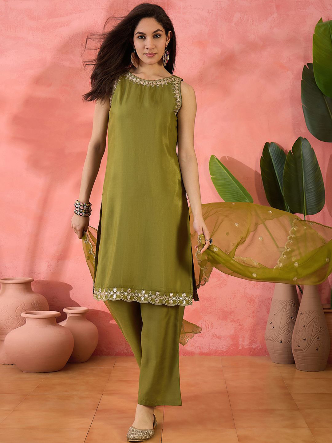 Sangria Parrot Green Floral Sequinned Round Neck Straight Kurta With Palazzos And Dupatta