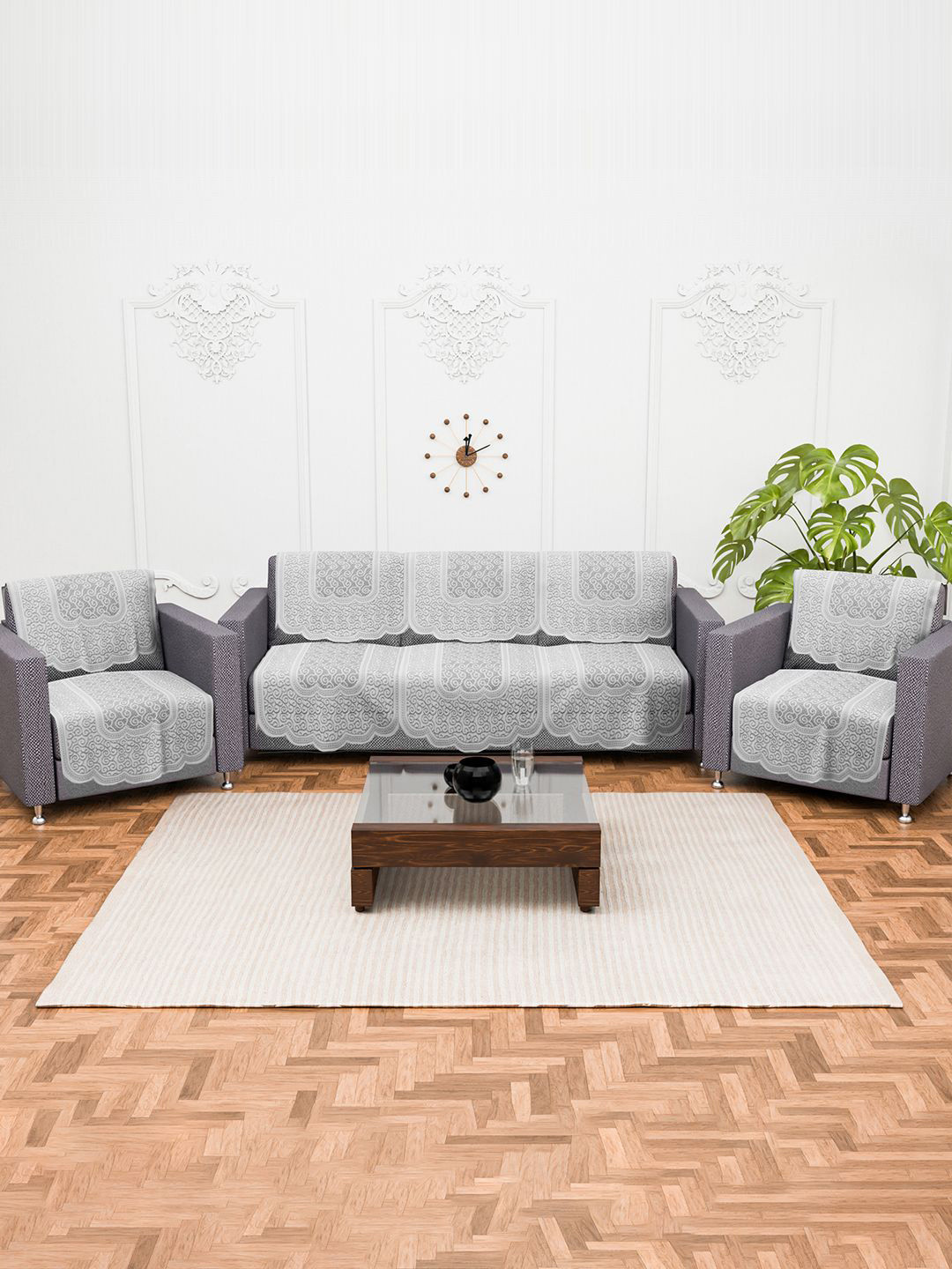 Kuber Industries White & Grey Set of 10 Printed Pure Cotton Five Seater Sofa Covers