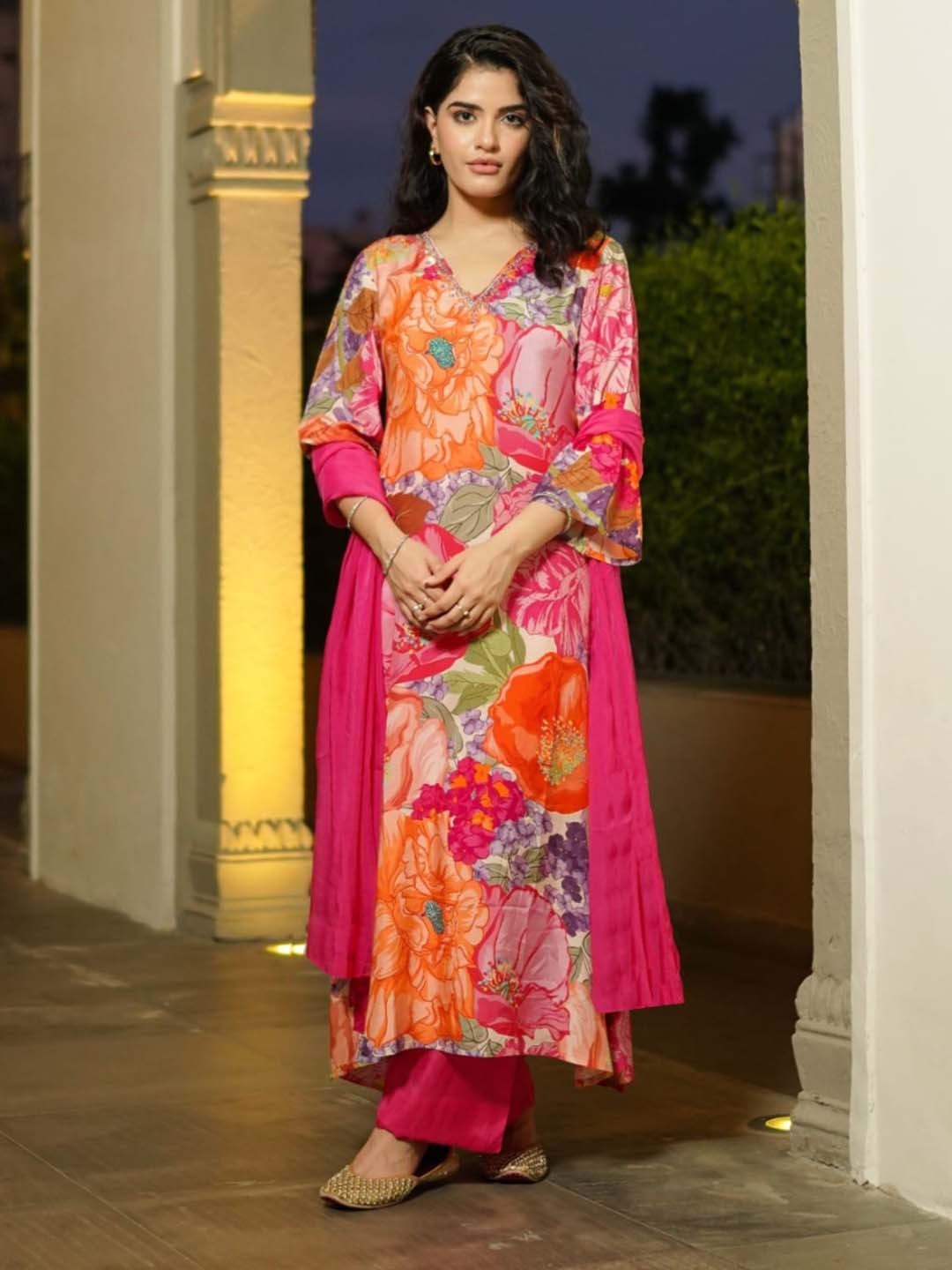 DIVASTRI Vilasa Floral Printed V-Neck Straight Kurta With Palazzos & Dupatta