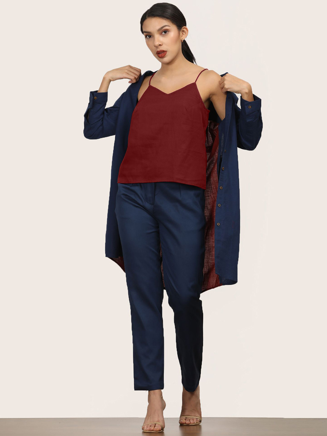 Saltpetre Women Navy Color-Blocked Overlay With Maroon Slip Top And Pants Co-Ords