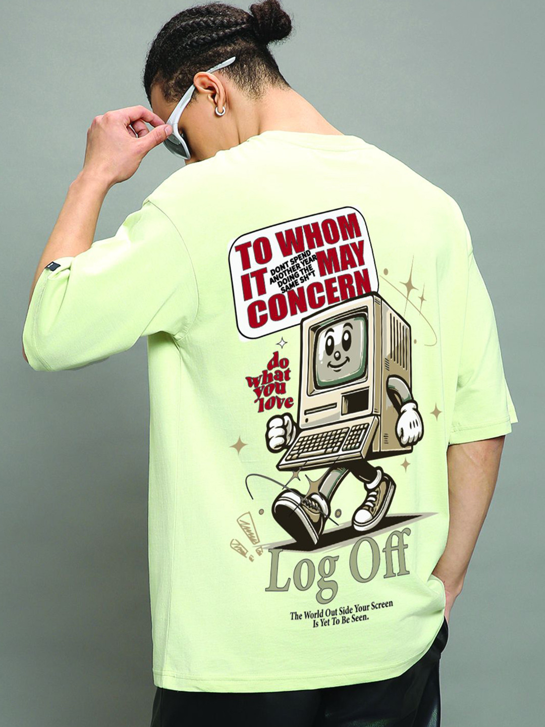 Bewakoof Men Log Off Graphic Printed Round Neck Cotton Oversized T-shirt