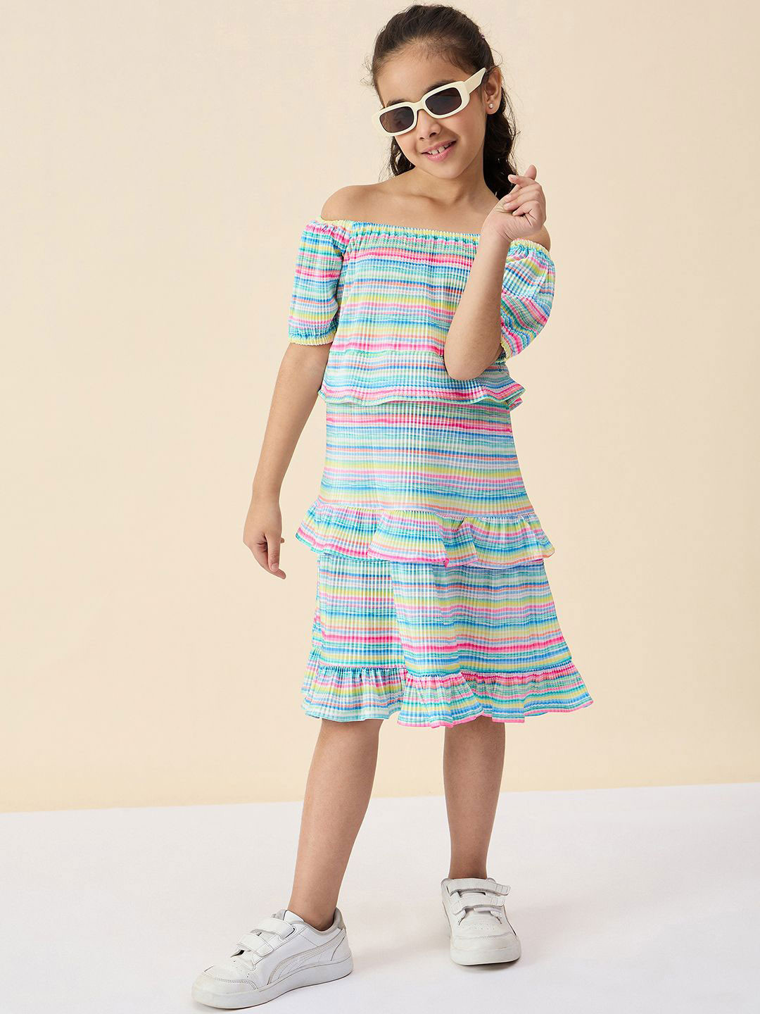 Stylo Bug Women Print Off-Shoulder Crepe A-Line Dress