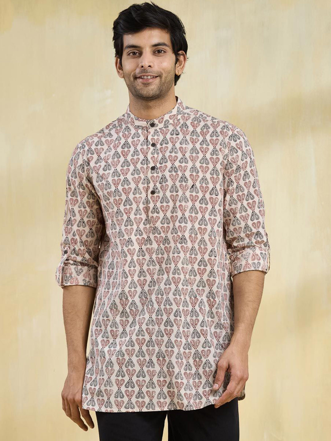 Fabindia Men Ethnic Motifs Printed Band Collar Bagh Printed Cotton Straight Kurta