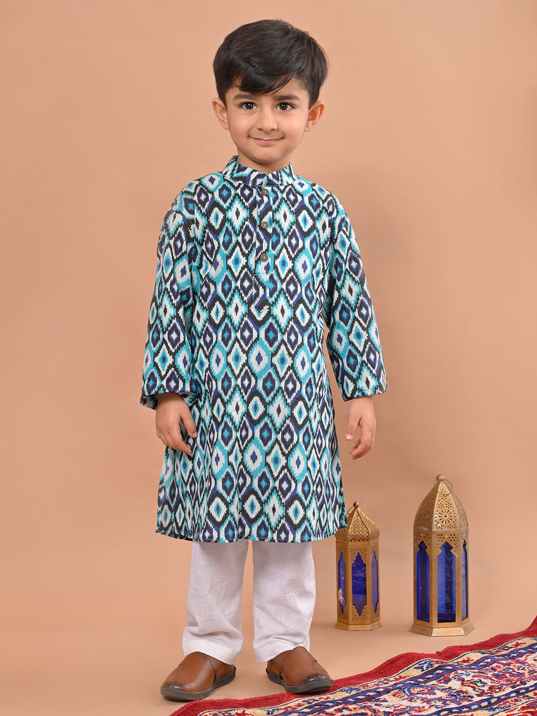 Sangria Blue Boys Ethnic Motifs Printed Mandarin Collar Pure Cotton Kurta With Pyjamas
