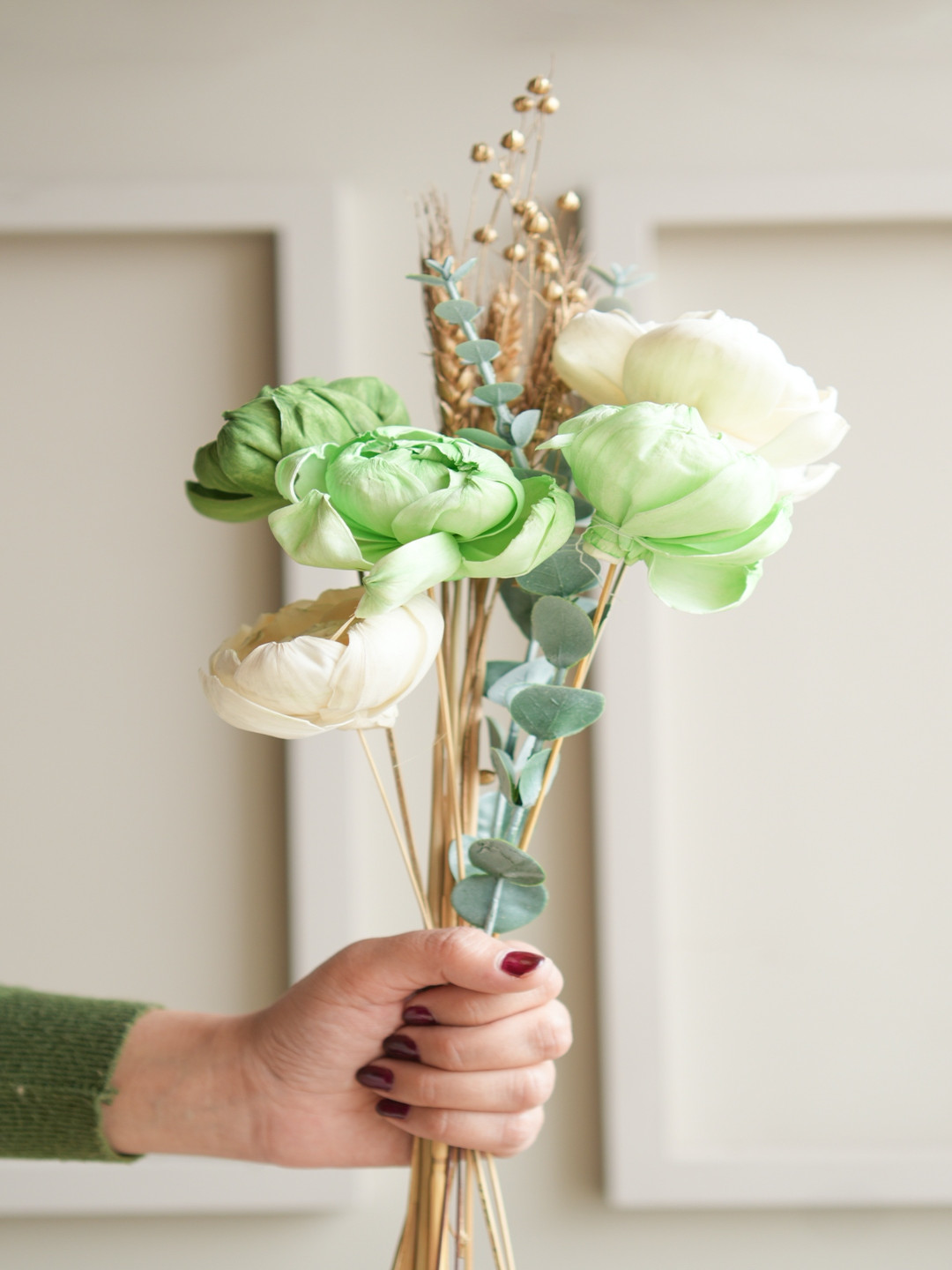 ArteCasa Green & White Minimal Peony Artificial Flower Bunch