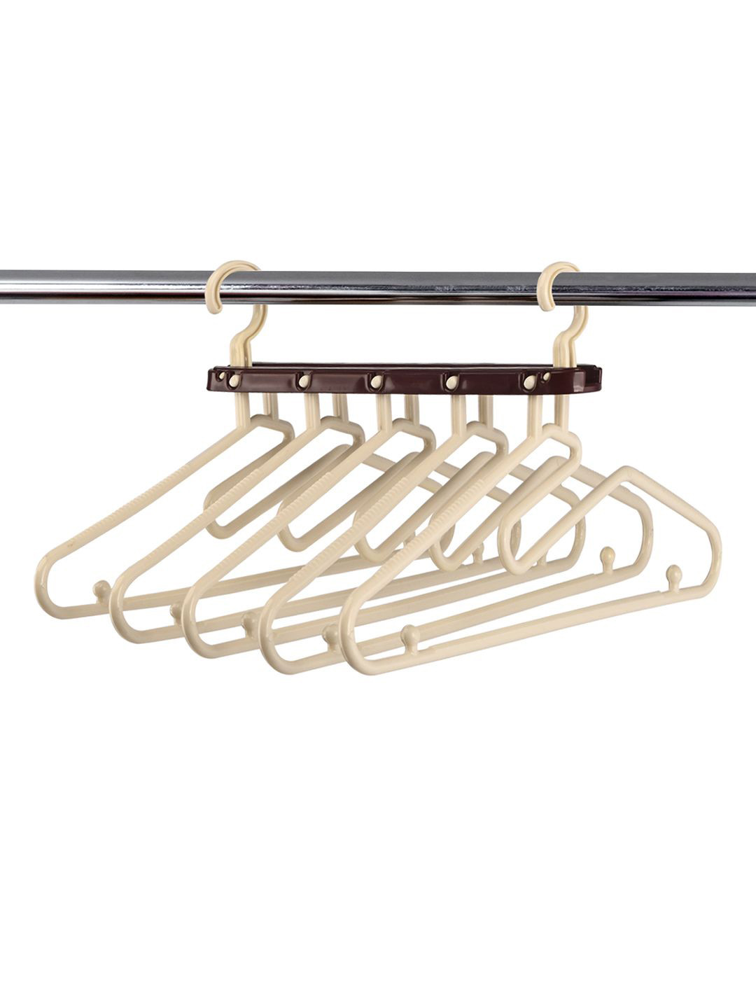 Kuber Industries Cream Colored & Brown 5 in 1 Foldable Cloth Hangers for Wardrobe