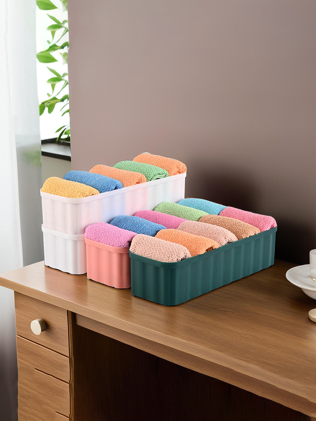 Kuber Industries Green & White Set of 4 Regular Drawer Organisers With Compartments