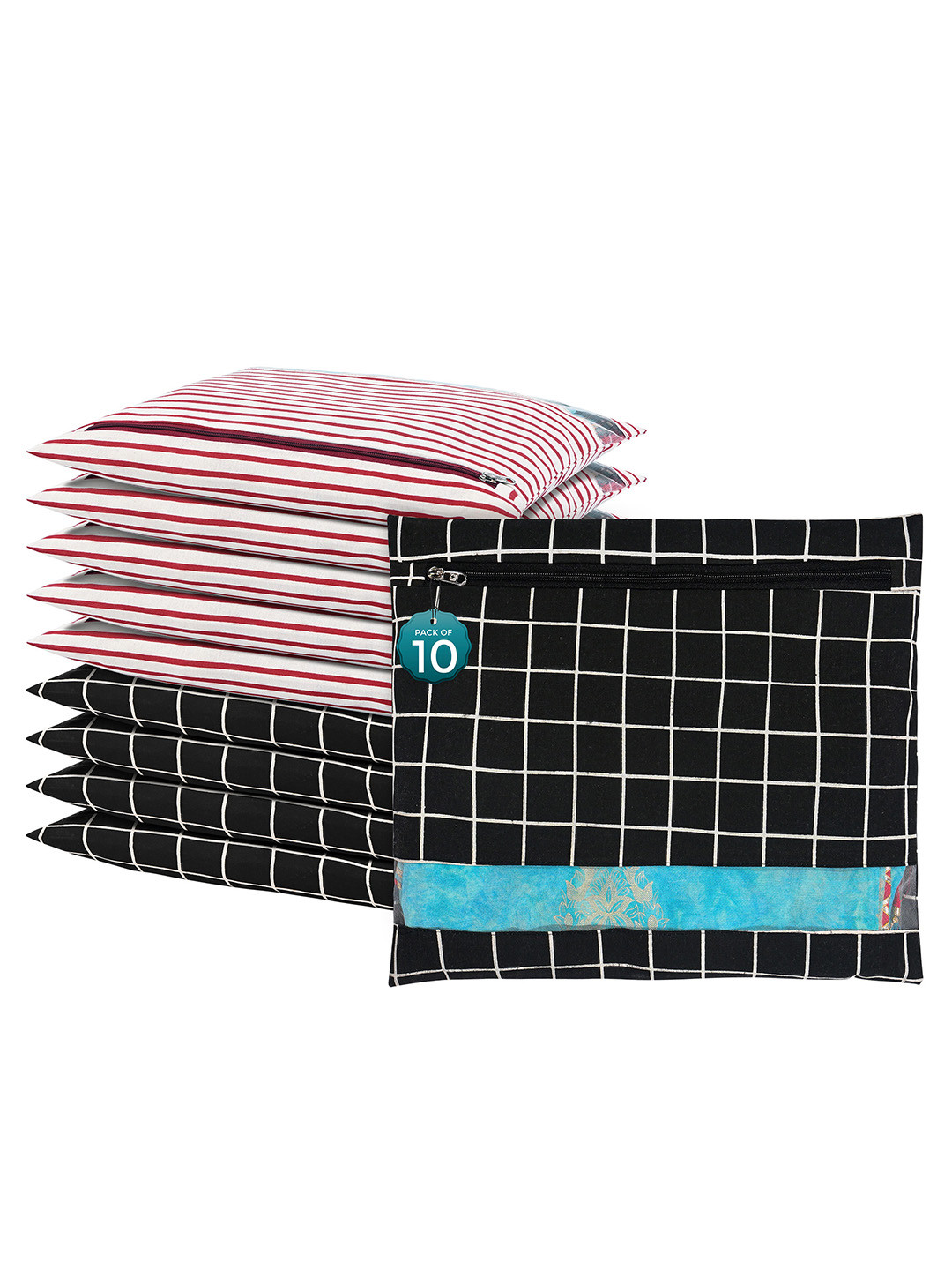 Kuber Industries Black & White 10 Pieces Checked Mesh Cotton Clothes Storage Organizers