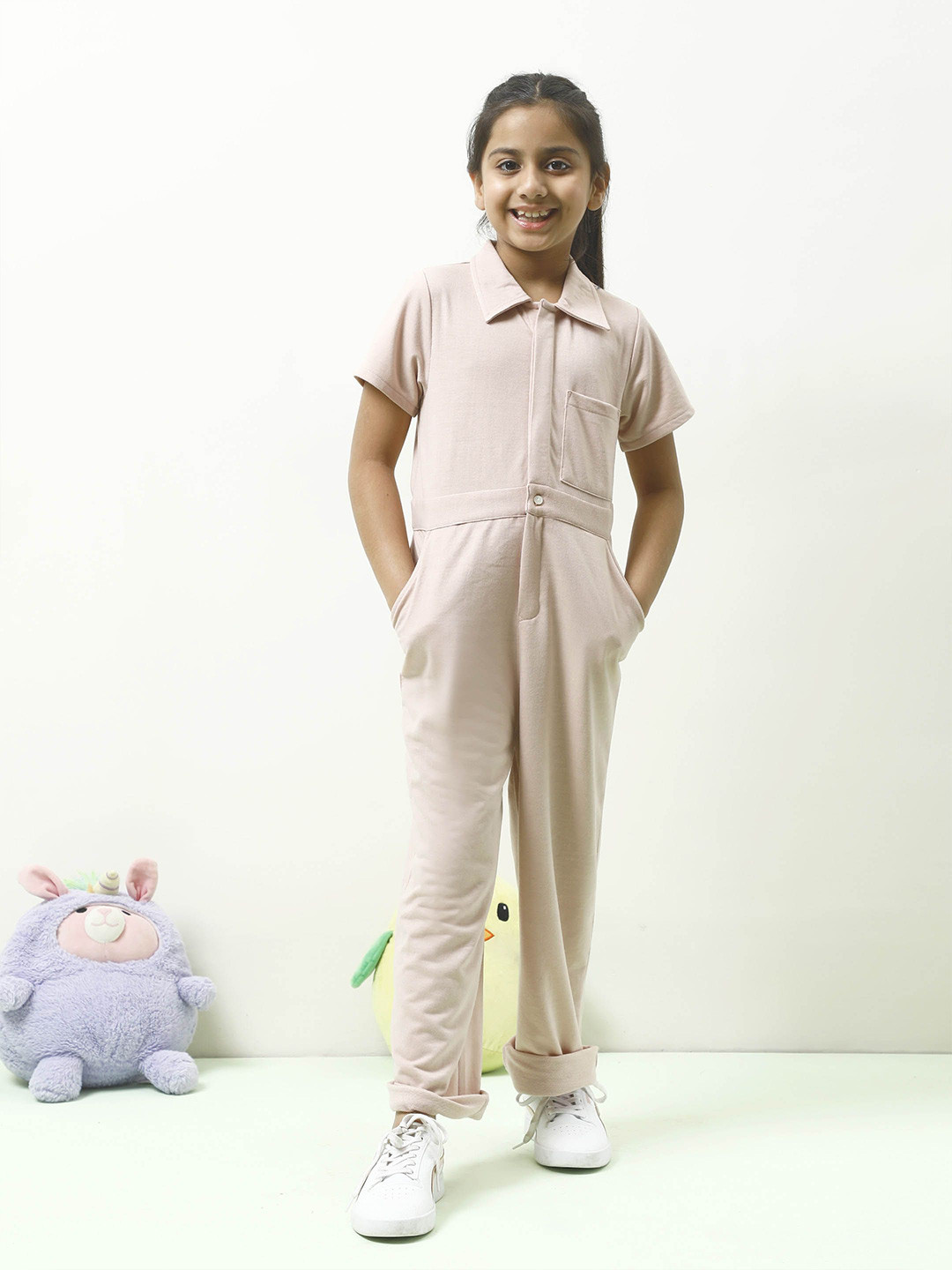 Athena Girl Girls Cotton Shirt Collar Basic Jumpsuit