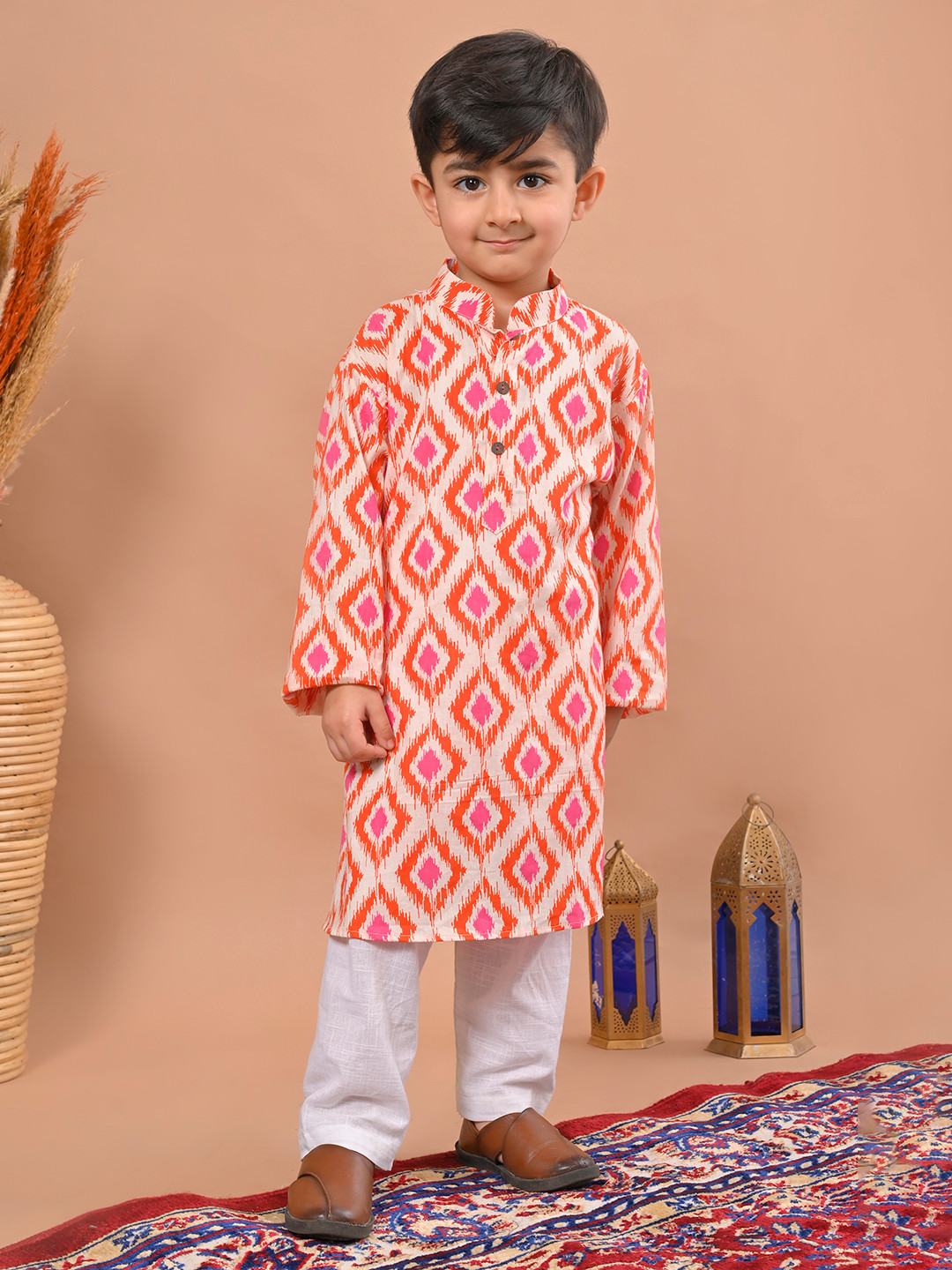 Sangria Red Boys Ethnic Motifs Printed Mandarin Collar Pure Cotton Kurta With Pyjamas