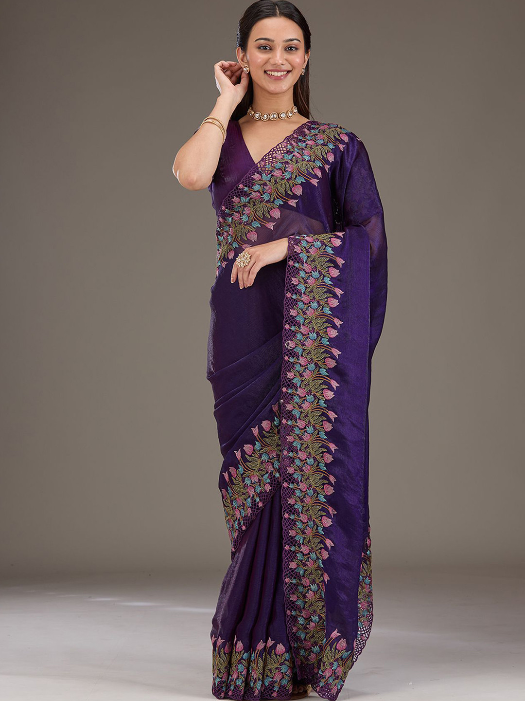Koskii Purple Threadwork Tissue Saree