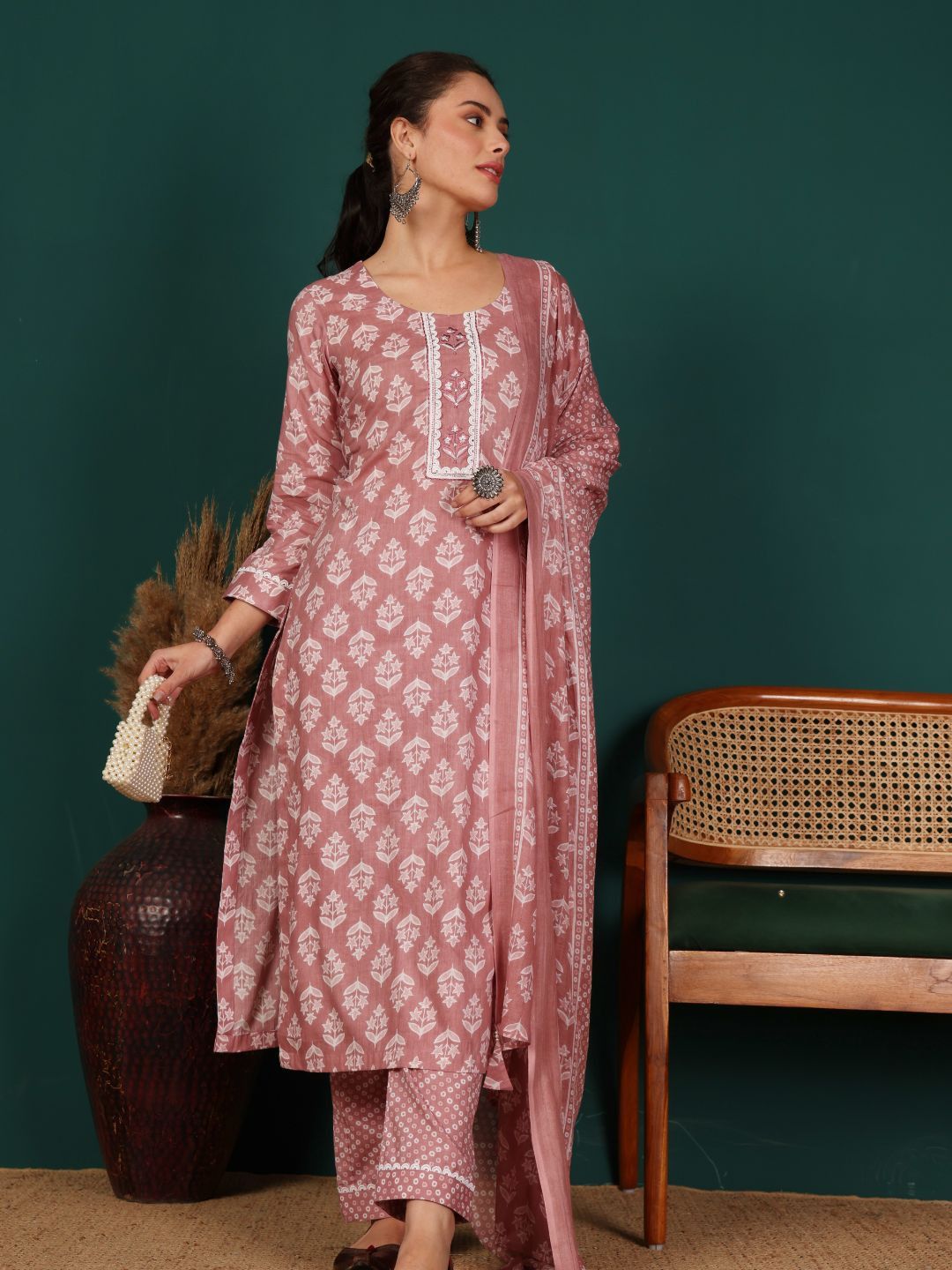 Lative Colours of Fashion Printed Thread Work Pure Cotton Kurta with Trouser & Dupatta